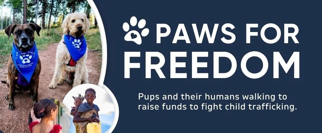 A promotional poster for 'Paws for Freedom' showing dogs with blue bandanas alongside children, advocating to raise funds to fight child trafficking.