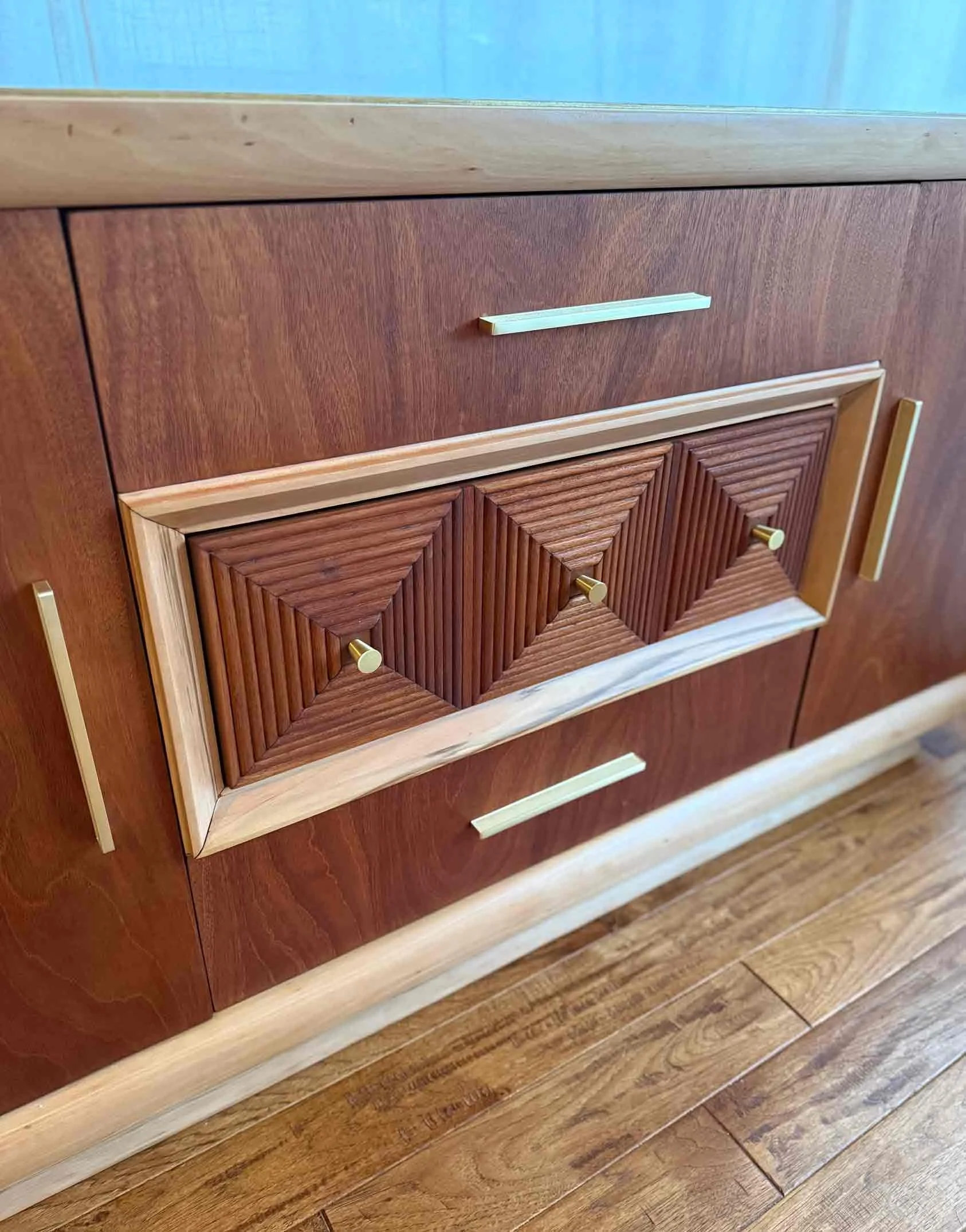Vintage MCM Mahogany Sideboard with Pine Trim and Brass Hardware