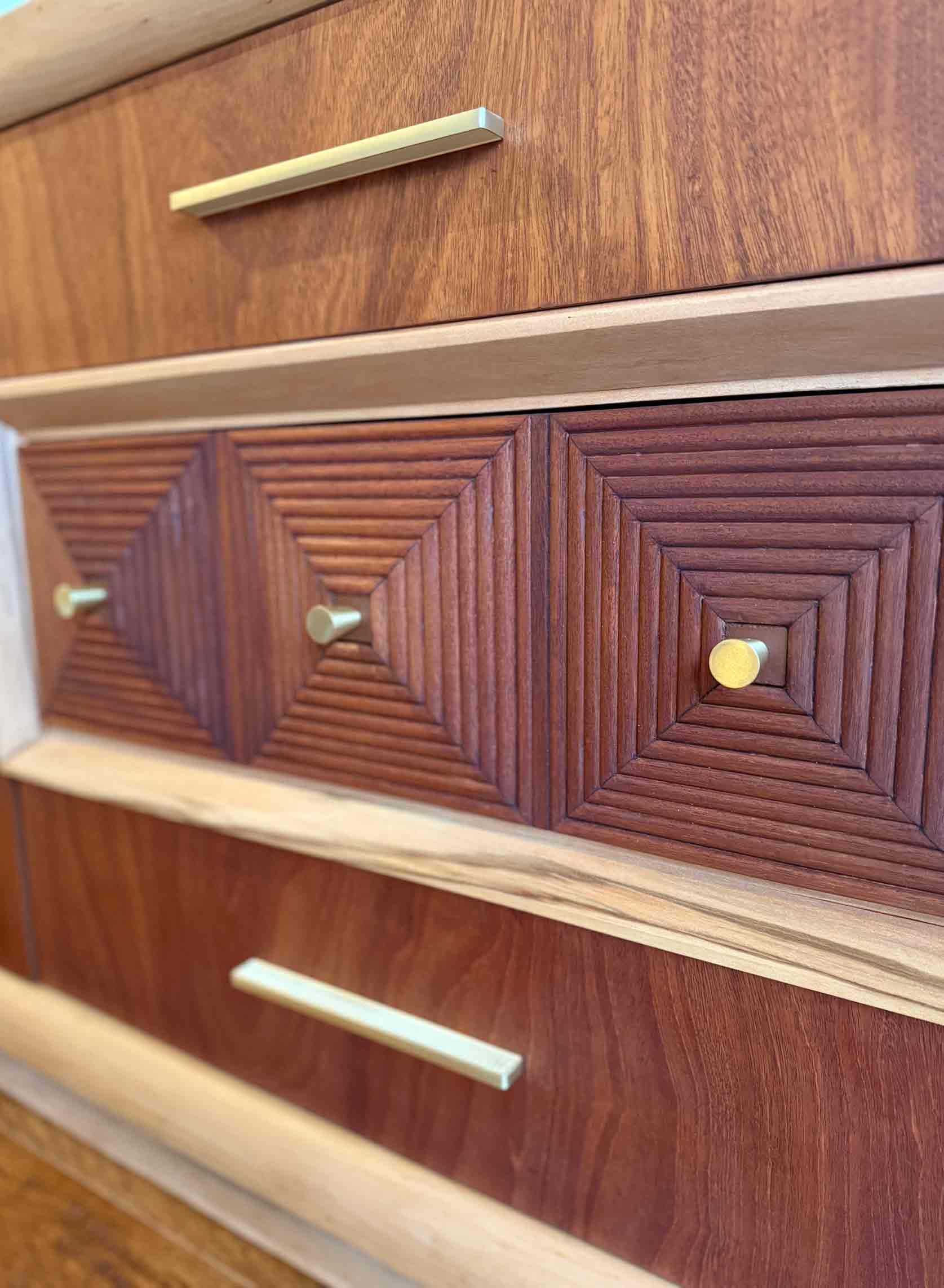 Vintage MCM Mahogany Sideboard with Pine Trim and Brass Hardware