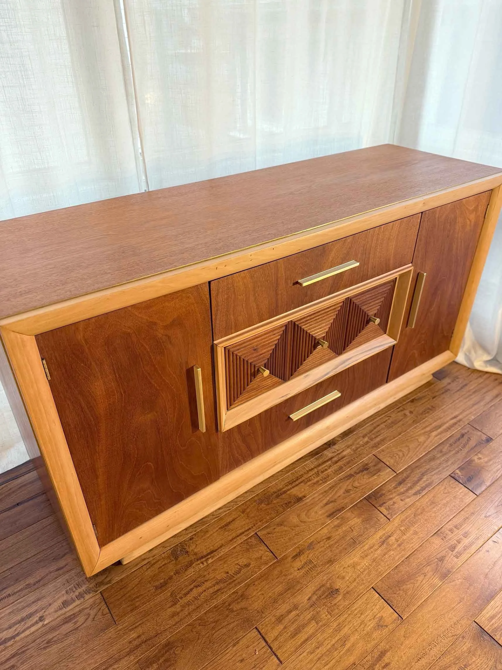 Vintage MCM Mahogany Sideboard with Pine Trim and Brass Hardware