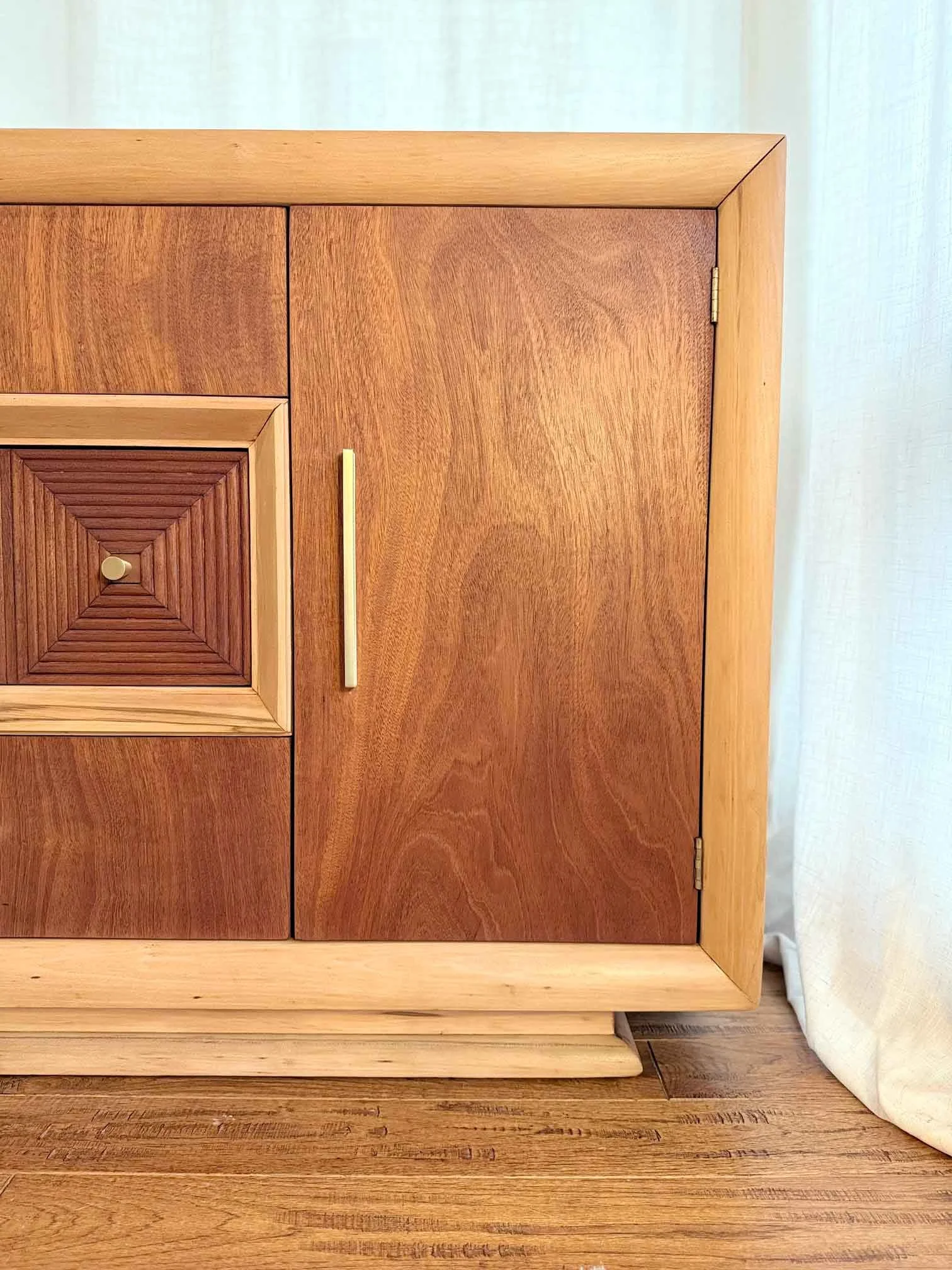 Vintage MCM Mahogany Sideboard with Pine Trim and Brass Hardware