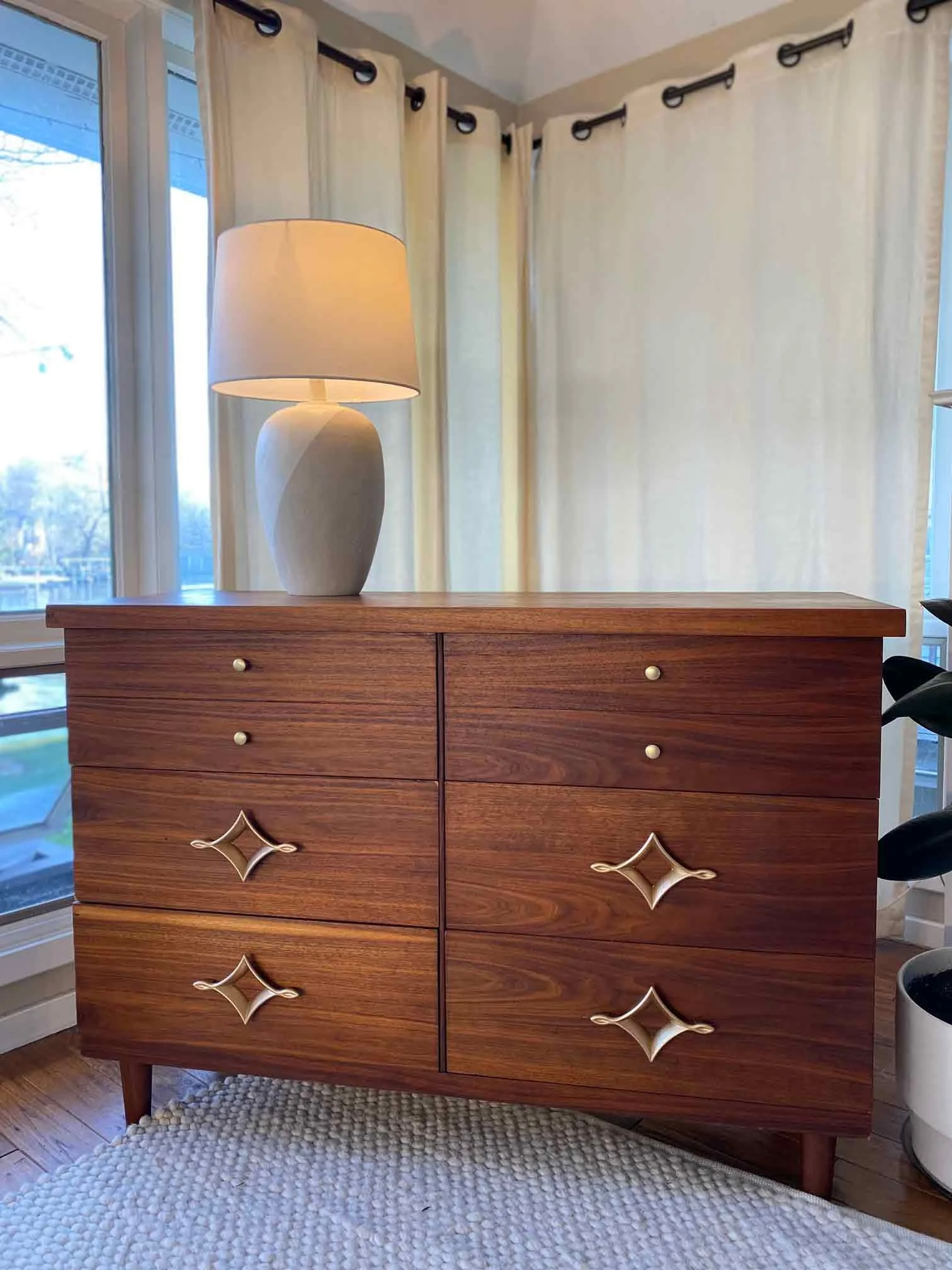 MCM 6-Drawer Walnut Dresser with Brass Hardware