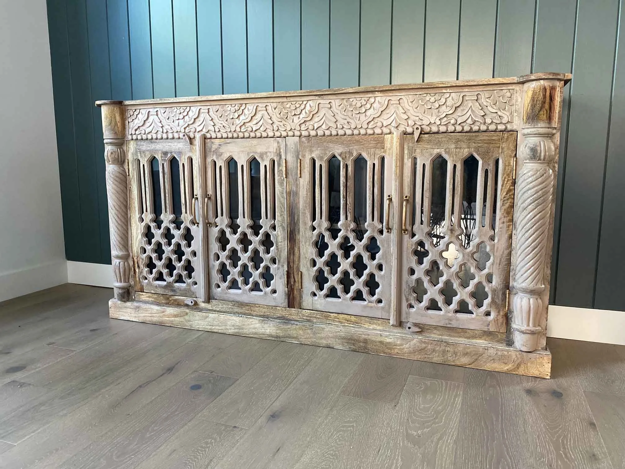 Refinished Antique Carved Sideboard with Ornate Glass Doors