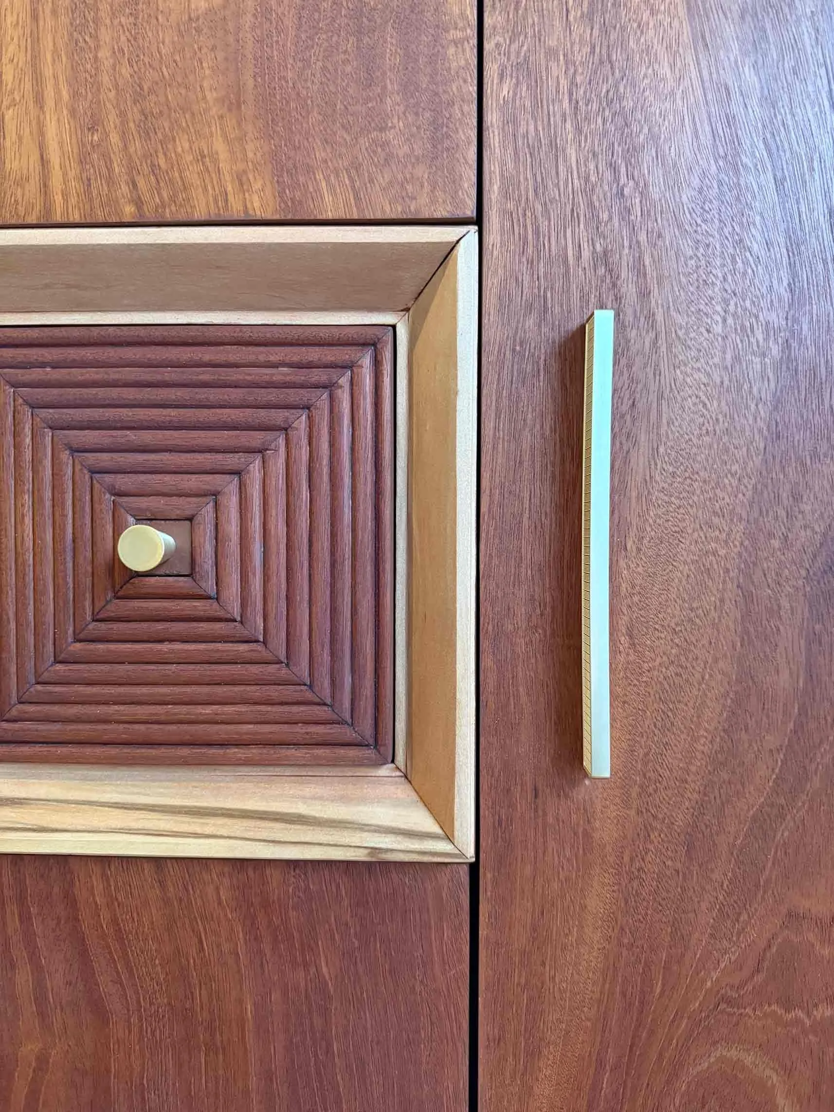 Vintage MCM Mahogany Sideboard with Pine Trim and Brass Hardware