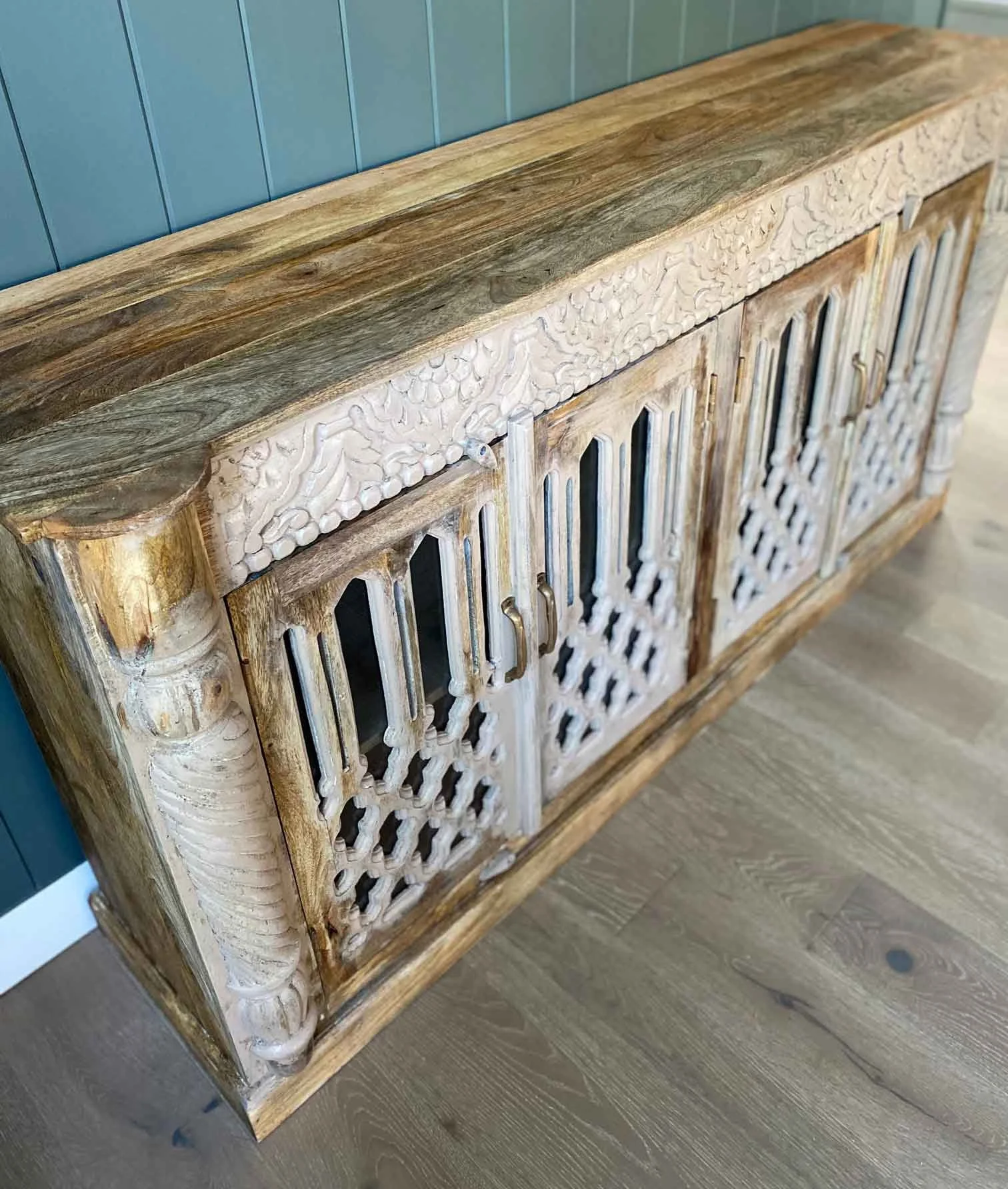 Refinished Antique Carved Sideboard with Ornate Glass Doors