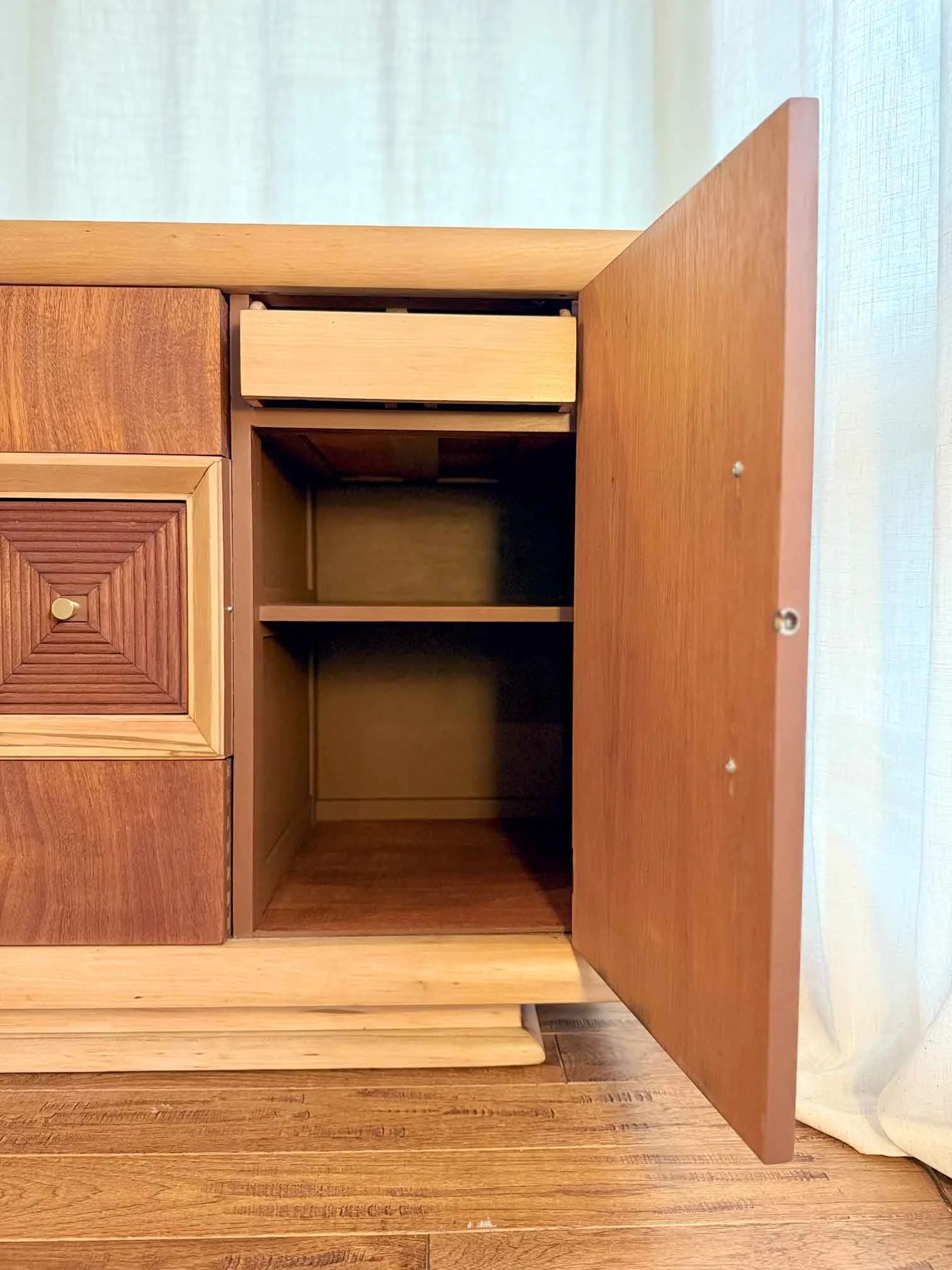 Vintage MCM Mahogany Sideboard with Pine Trim and Brass Hardware