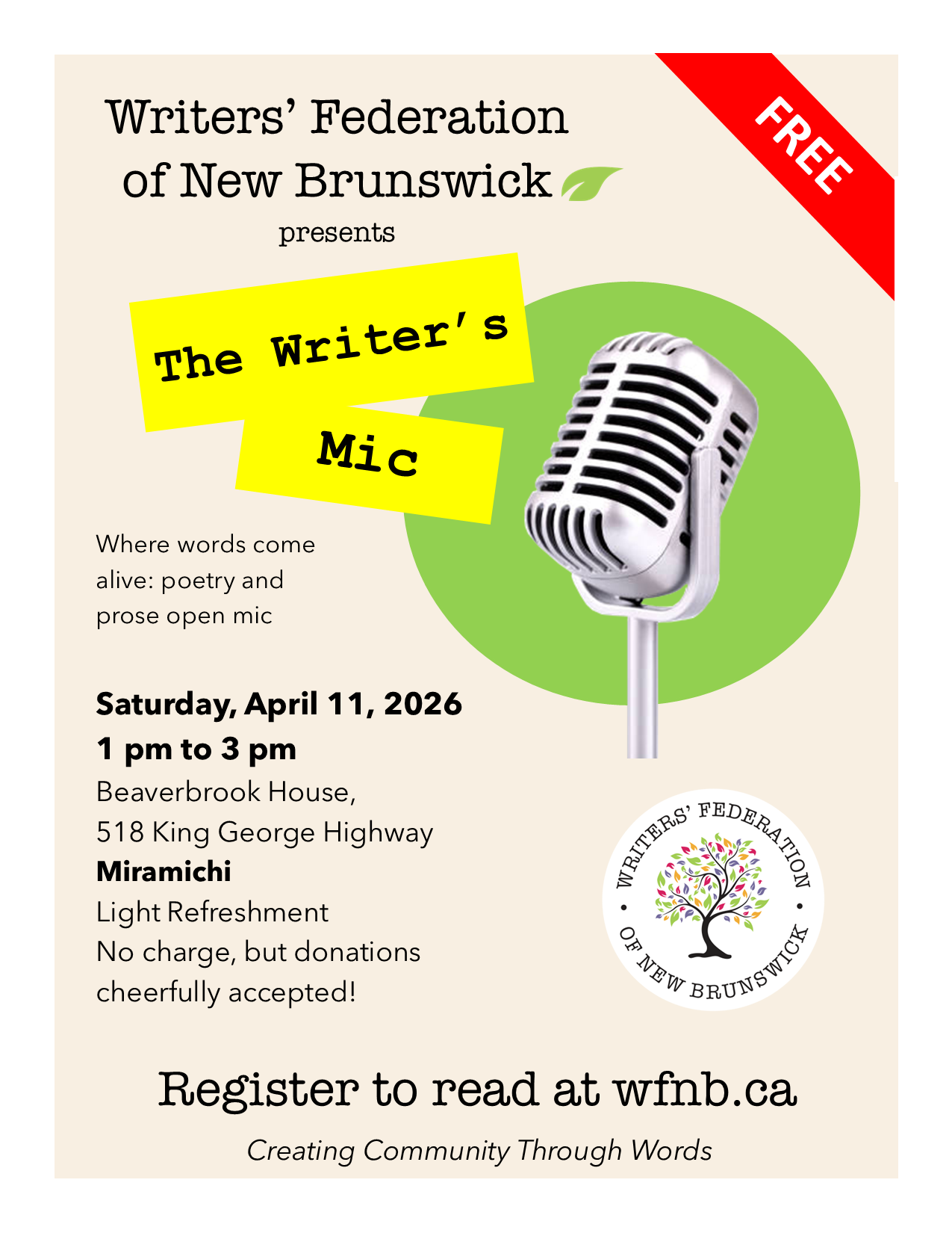 Sign up in advance and bring your poems and stories.