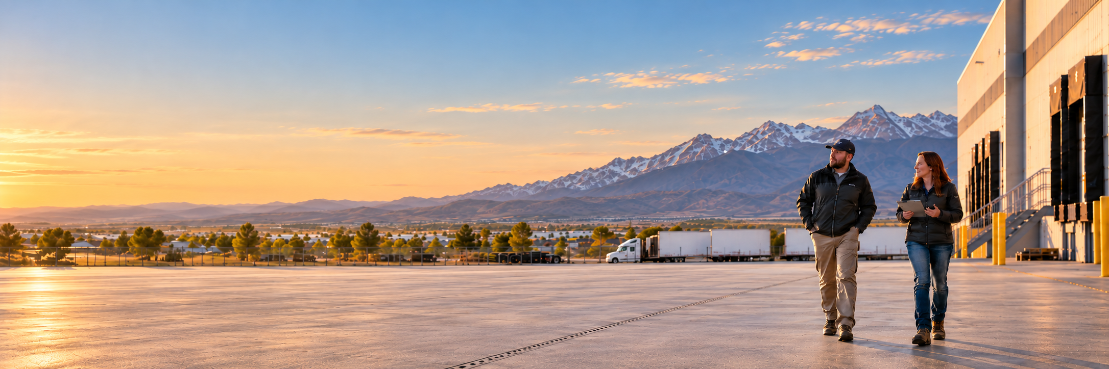 Two people walking outside in the early morning or late evening, with mountains and snow in the background, near a warehouse with trucks parked nearby.