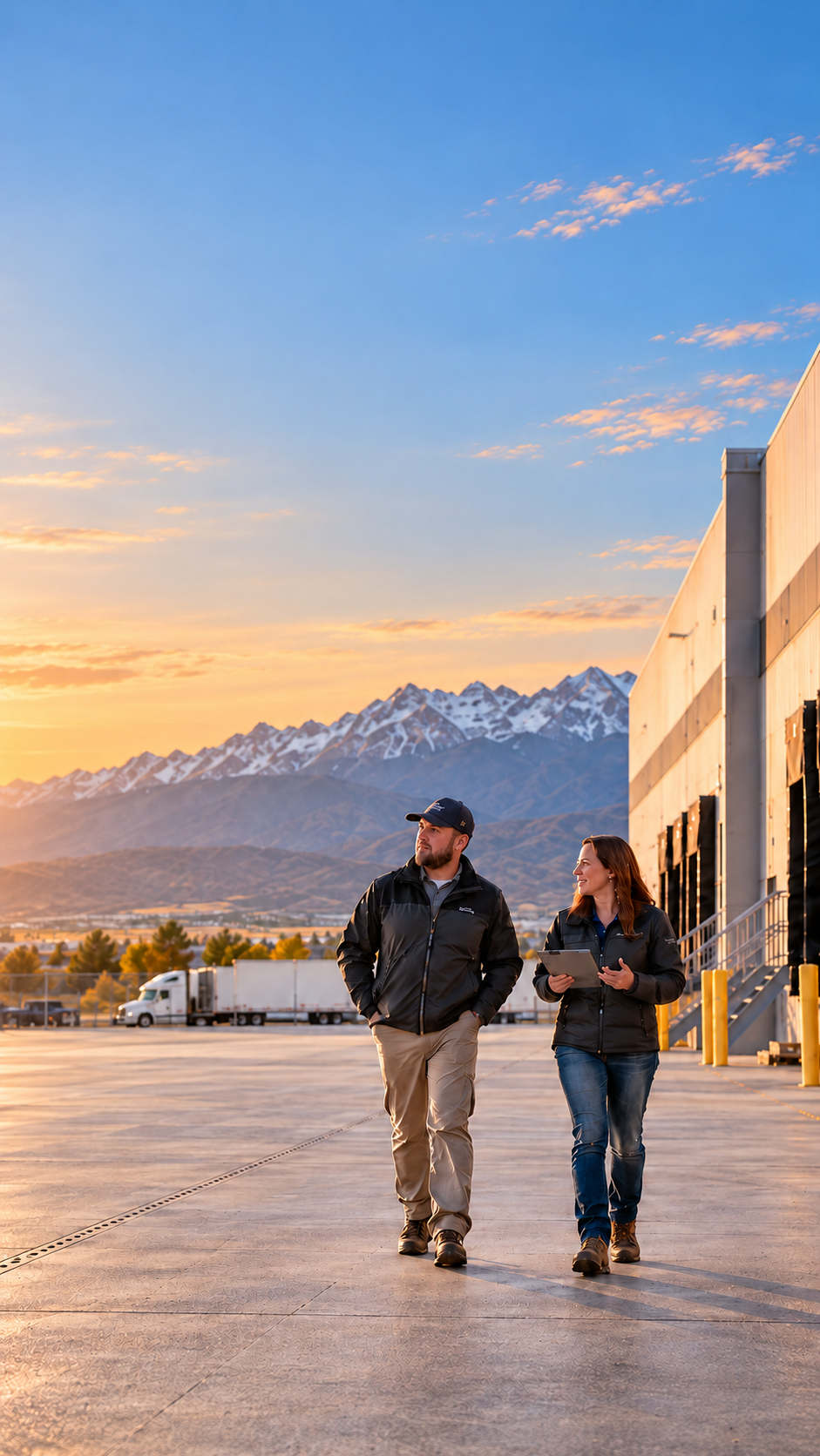 Two people walking outside near a large warehouse with trucks, mountains in the background, during sunset.
