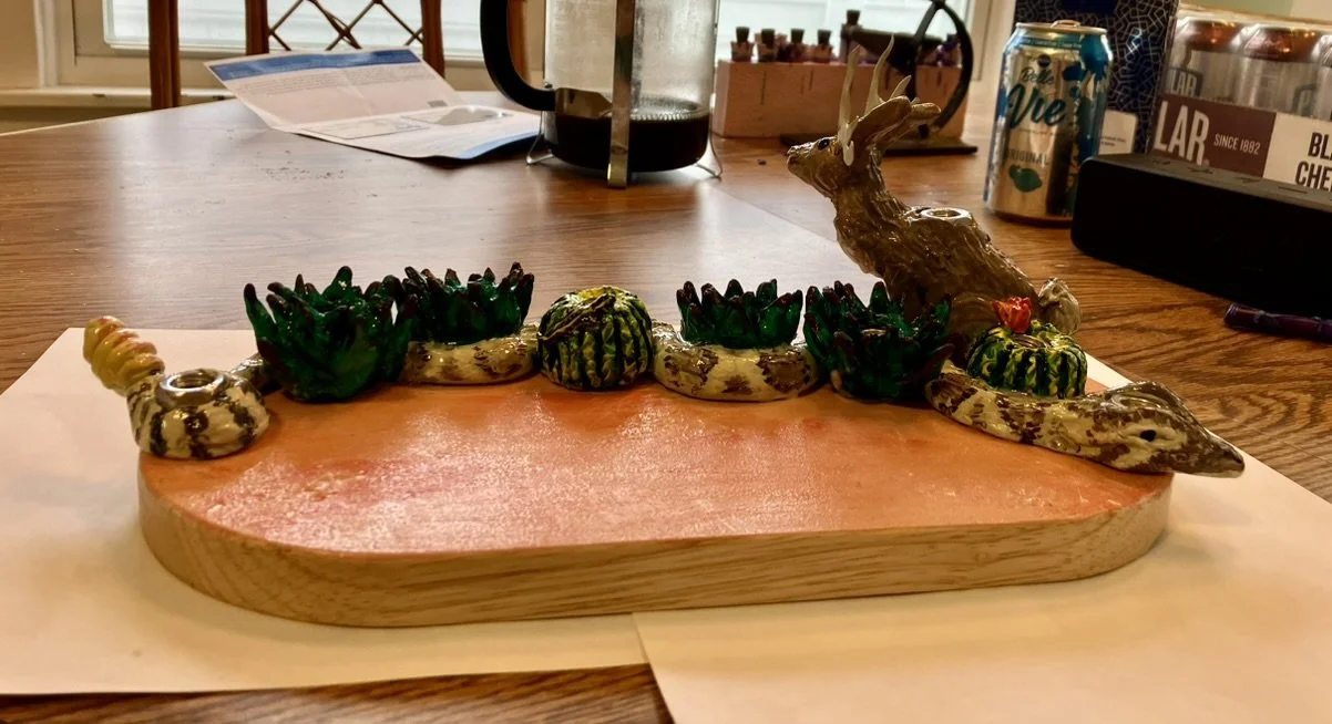 southwestern menorah, polymer clay, paint, metal, and wood