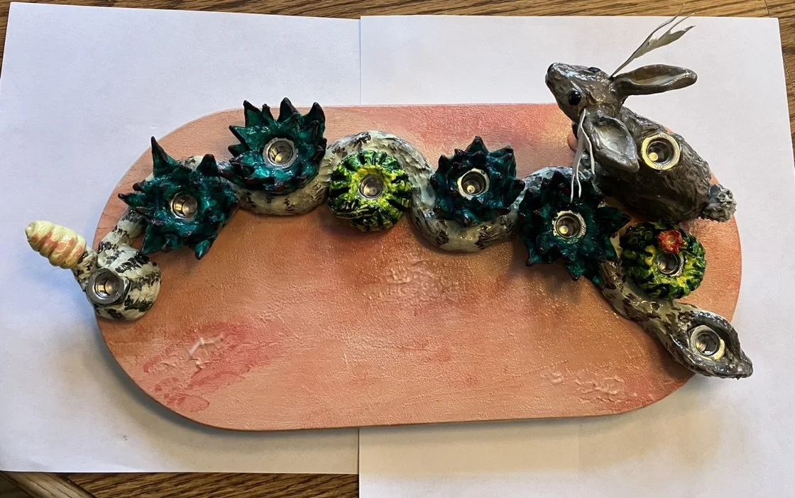 southwestern menorah, polymer clay, paint, metal, and wood