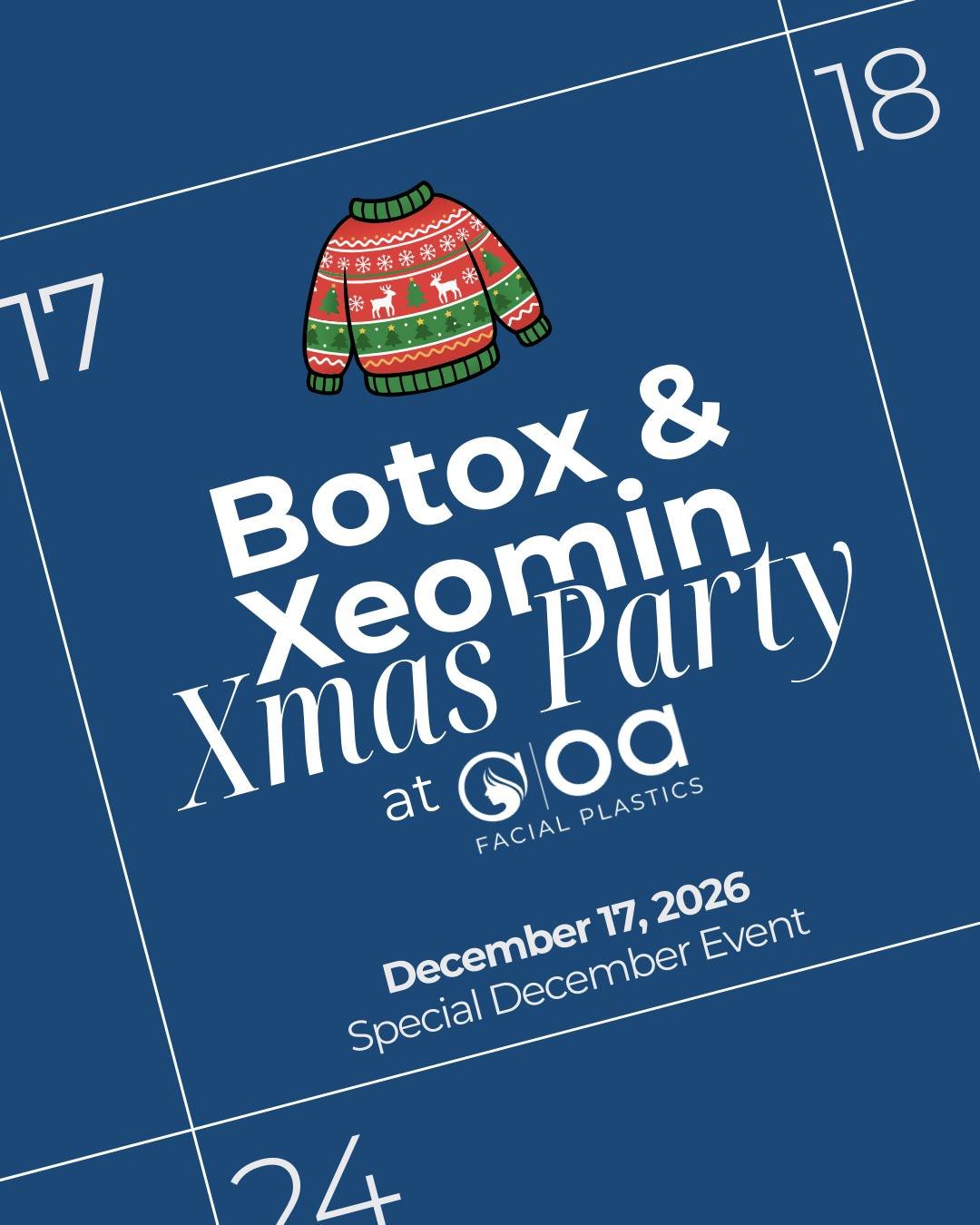 One week until our Botox &amp; Xeomin Christmas Party! ✨

Join us Dec 17 from 4&ndash;7 PM for a night of major savings + holiday treats.

Expect:
⭐ 33% Off Aesthetic Services
⭐ 30% Off Skincare
⭐ Xeomin + Botox event pricing
⭐ Radiesse + Sculptra di