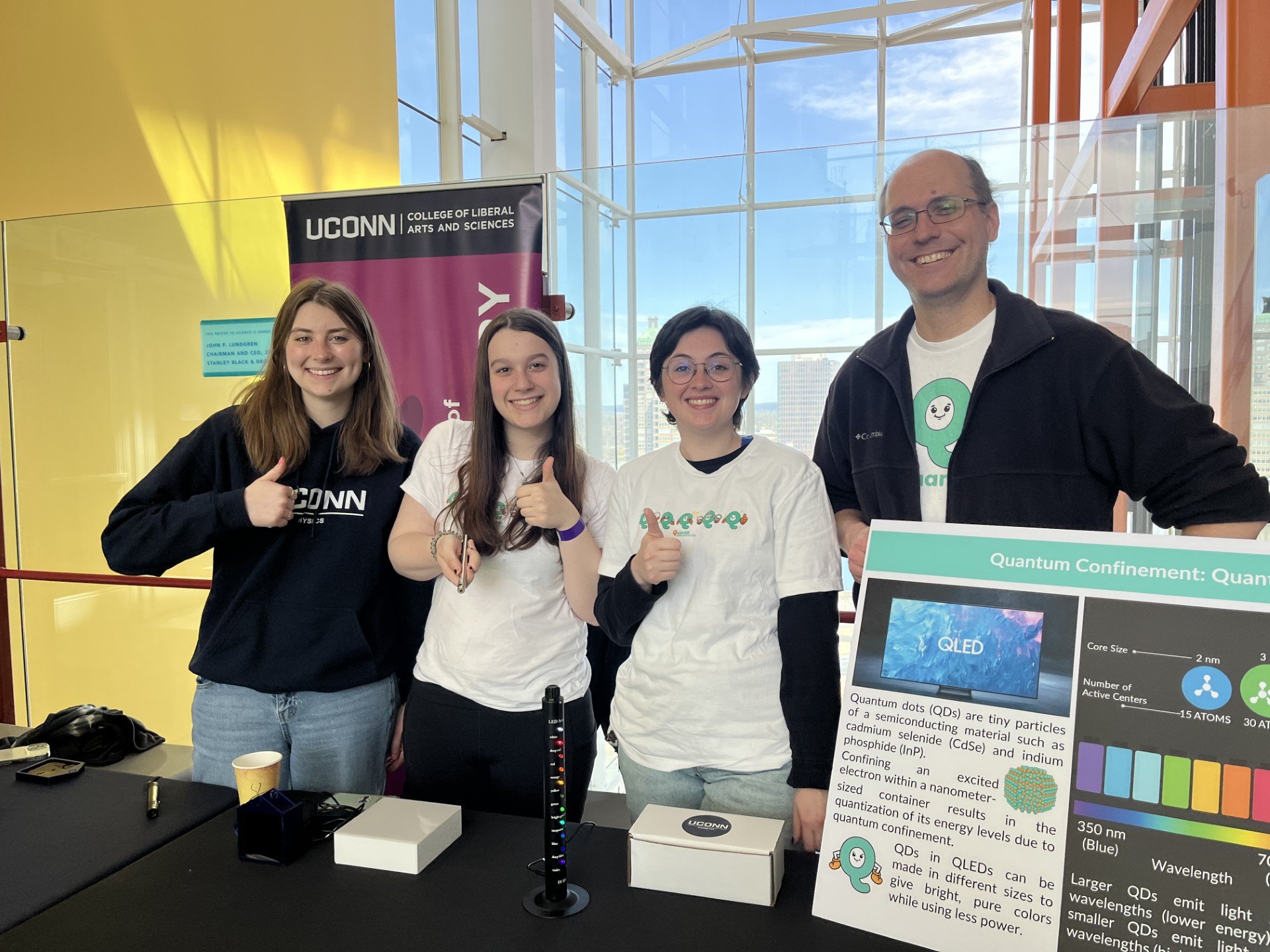 On April 14th, UConn Chemistry participated in the World Quantum Day exhibition at the Connecticut Science Center. Undergraduate students Rilee Martzloff, Isabella Bruzzese, and Lillian Smith, under the guidance of Prof. Cady, presented hands-on demo