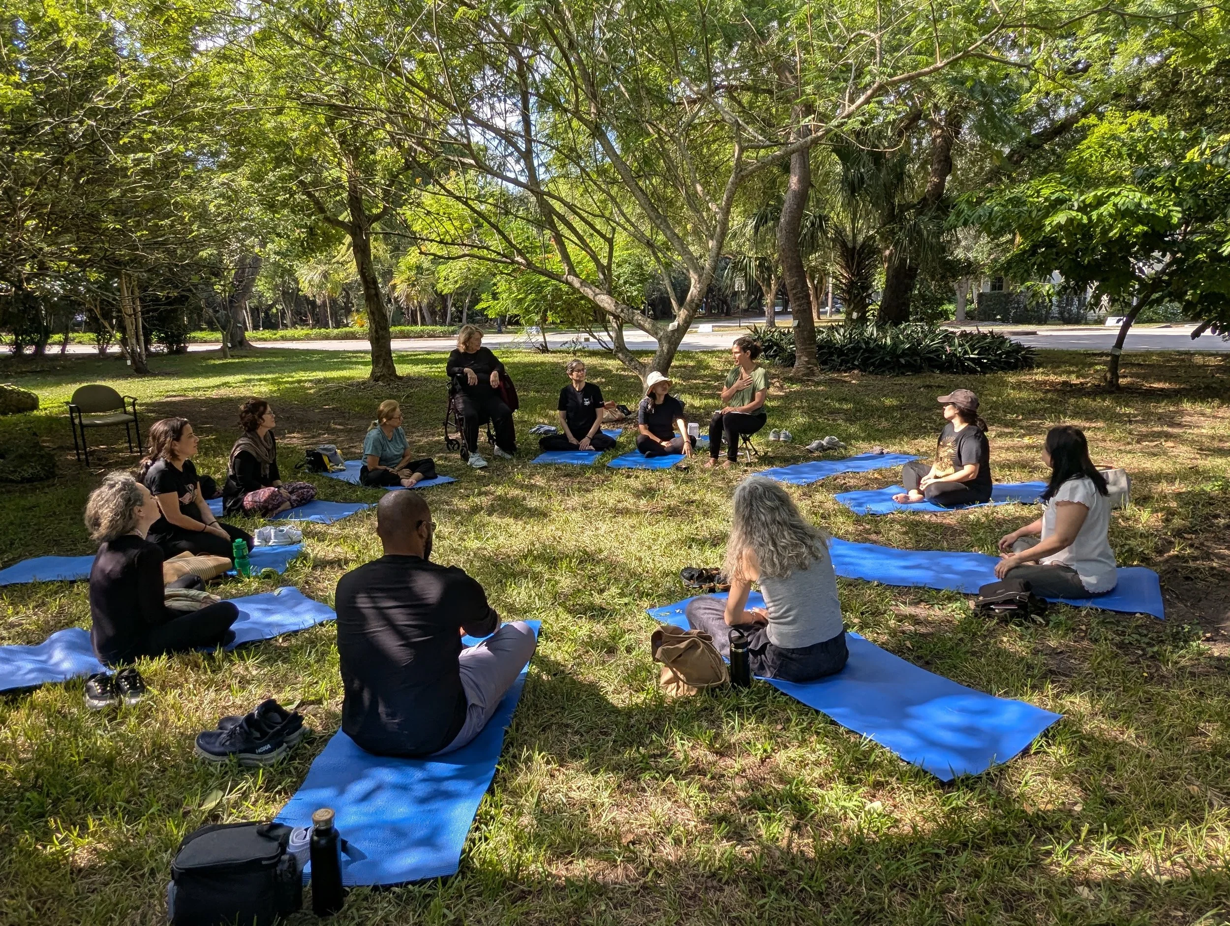 group of people sitting in a circle on the grass outside amongst trees