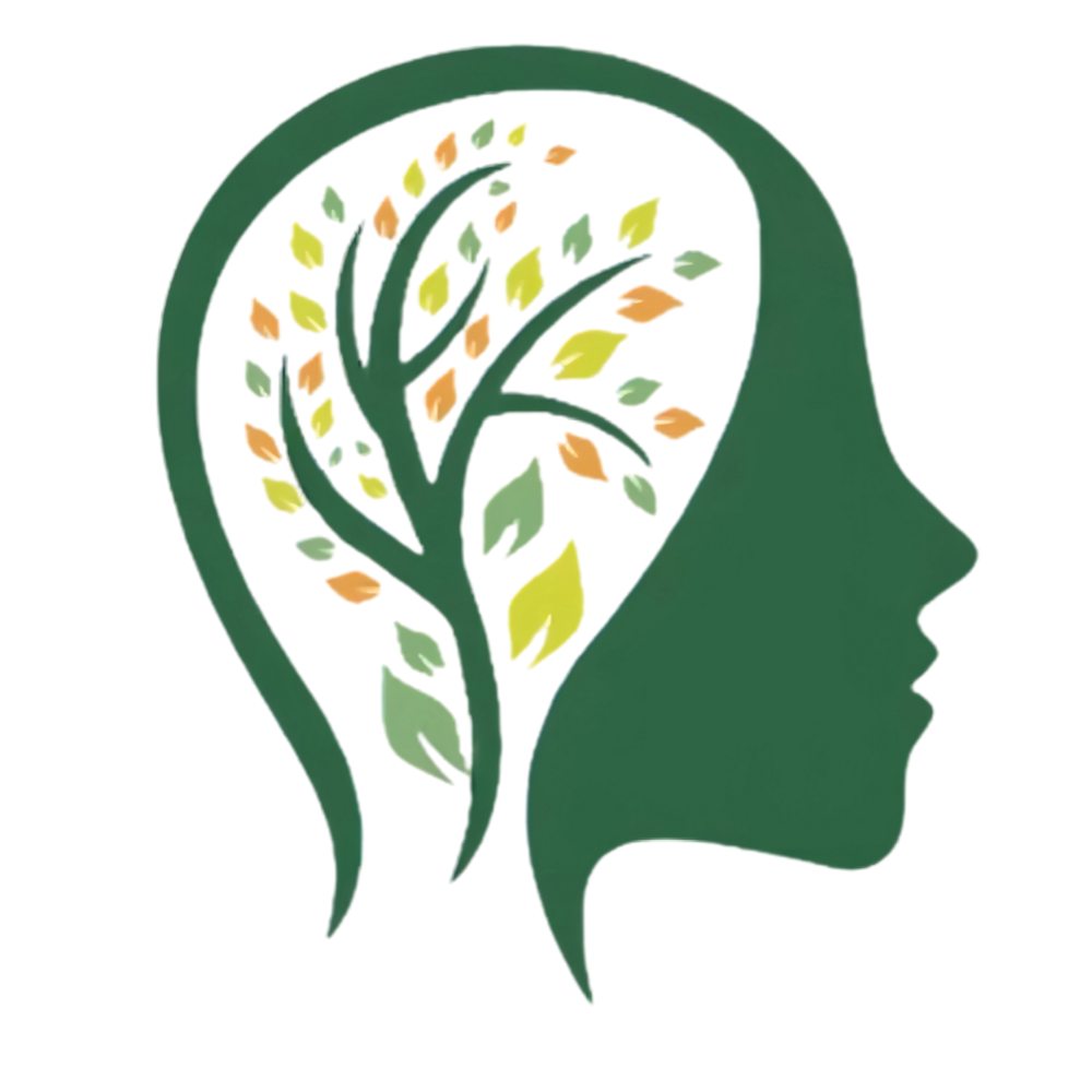 green face with abstract tree and leaves inside