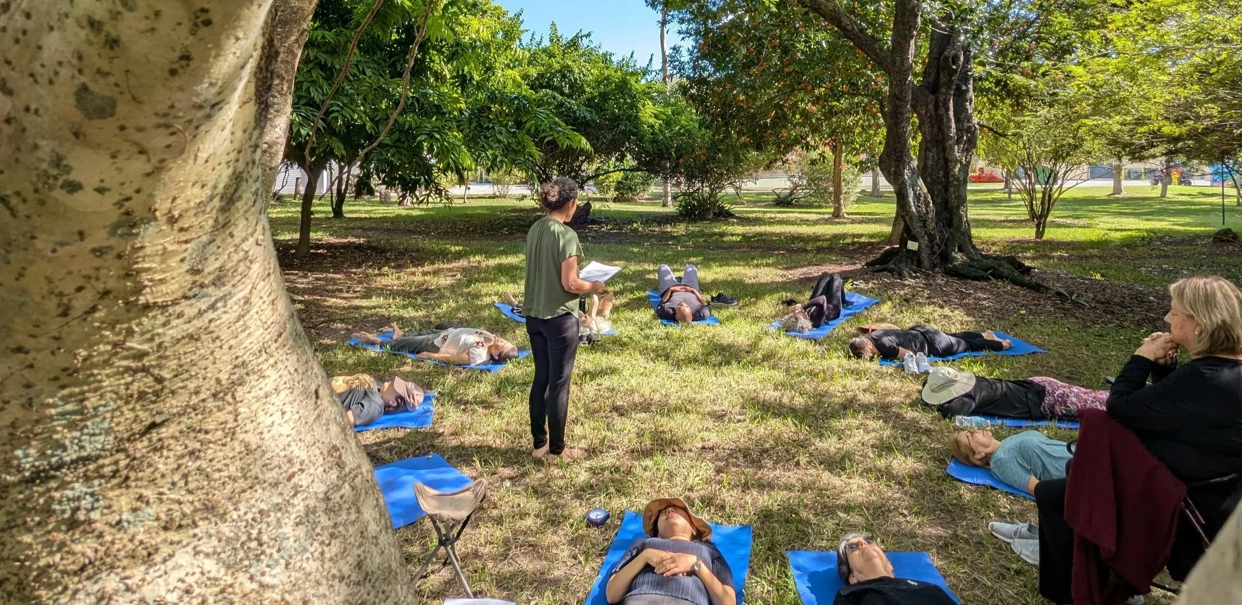 a group of people lying down in a circle in the grass, amongst lush trees, each on a blue meditation mat, with one person in the middle standing up holding a piece of paper.