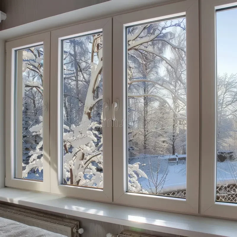 Energy-efficient glass windows in a cozy home during winter, showing how professional window repair and insulated glass improve comfort and reduce heat loss.
