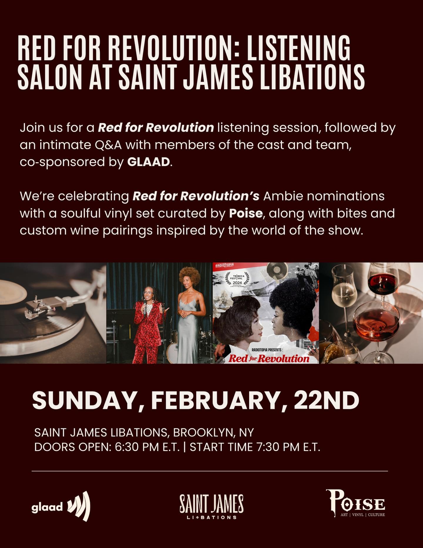 🎉 NEW YORK CITY!! Join us at @saintjameslibations for deep cuts, deep pours, and deep conversations ✨

Experience a Red for Revolution listening session, followed by an intimate Q&amp;A with members of the cast and team, hosted by Yolanda Lenge, co‑