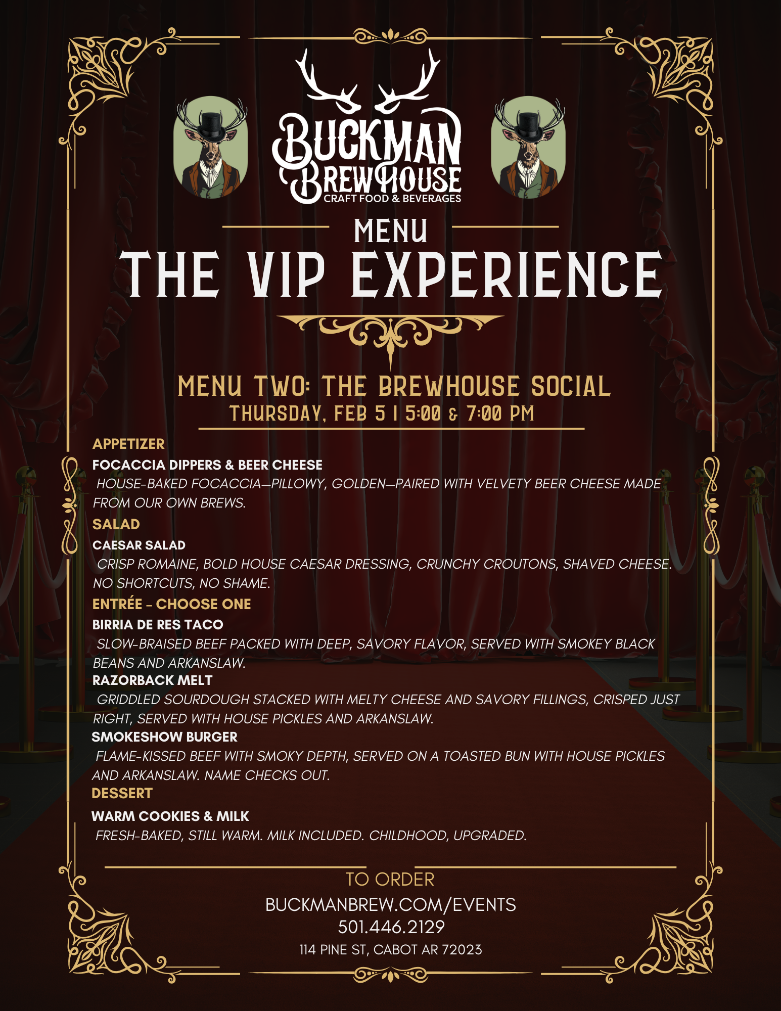VIP Experience Menu Two: The Brewhouse Social Thursday, Feb 5 7:00pm