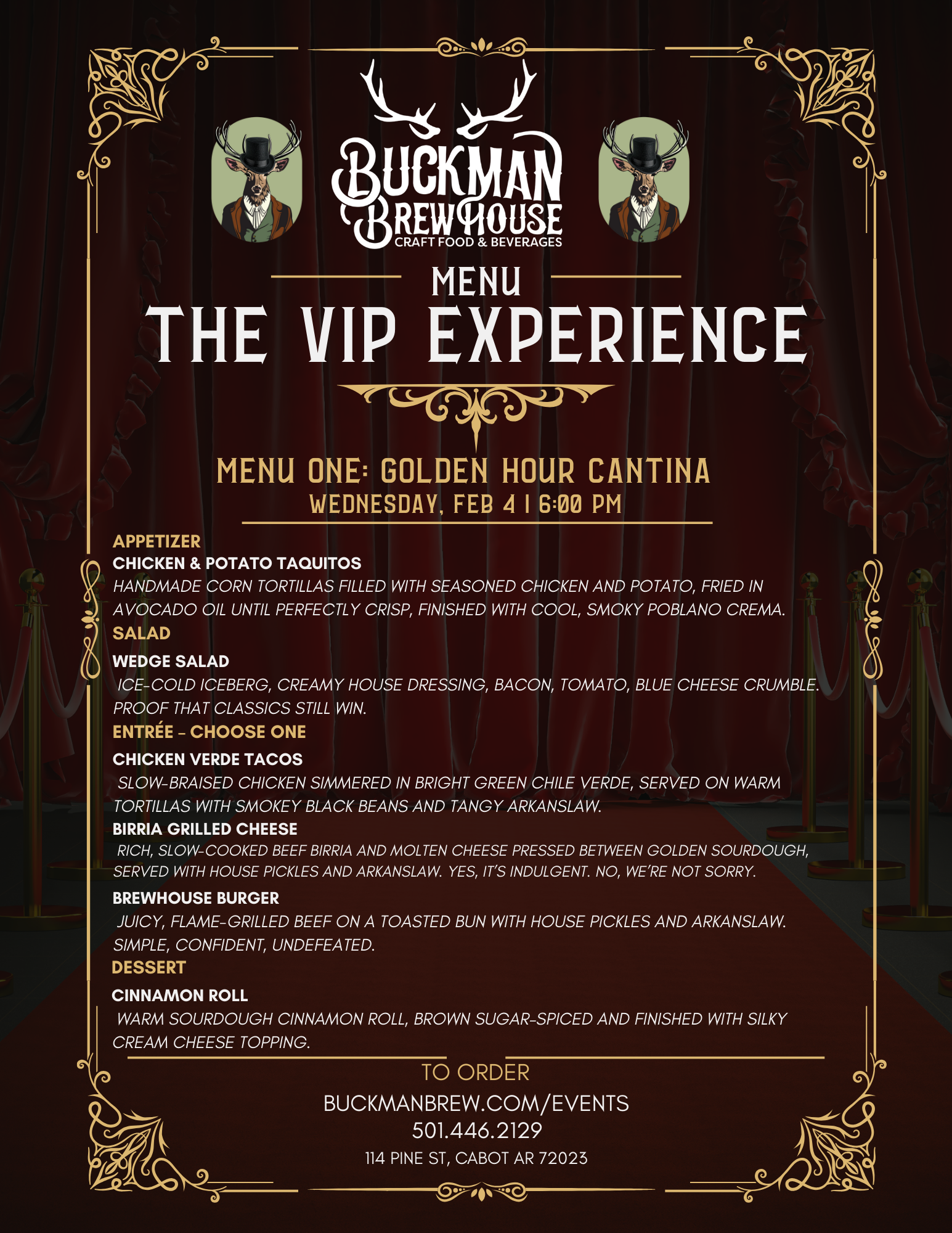 VIP Experience Menu One: Golden Hour Cantina Wednesday Feb 4, 6pm