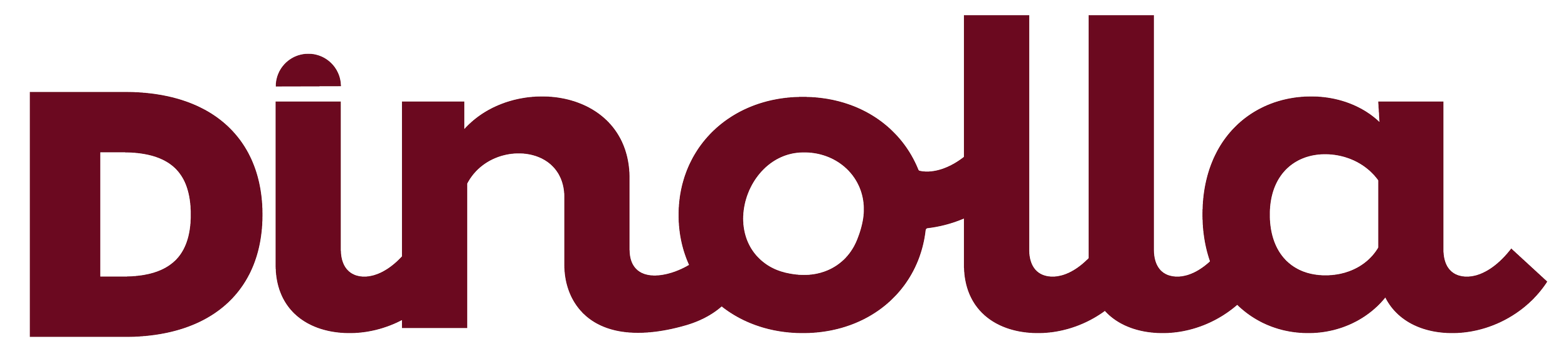 Tekstilogo "Dinolla" viininpunaisena.