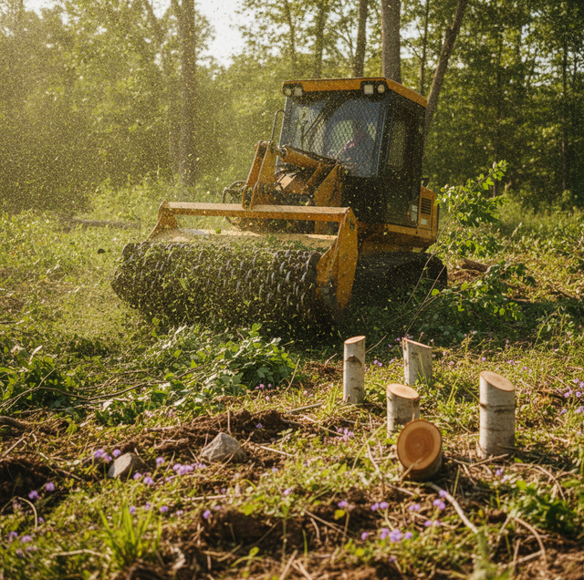 brush cutter slicing through dense overgrown lot vegetation