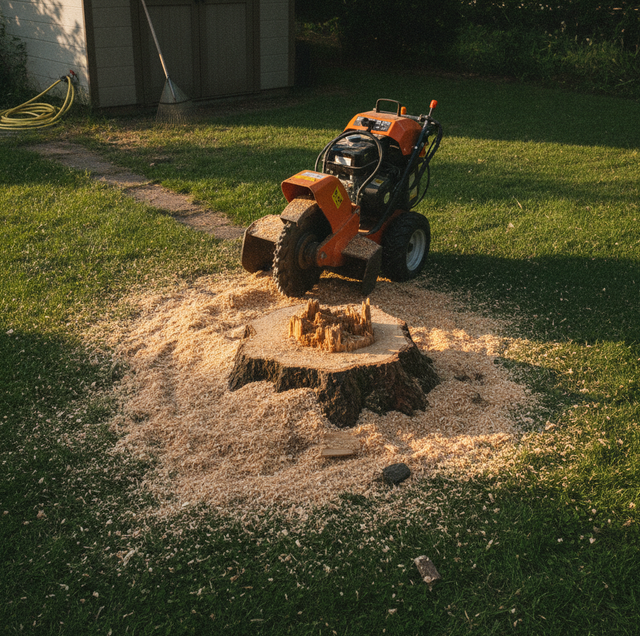 fresh tree stump in lawn beside grinding machine with wood chips