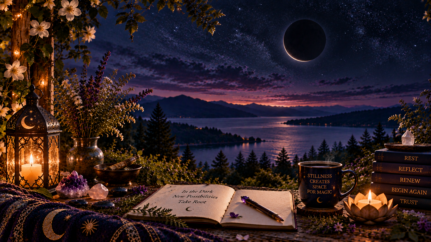 Black Moon wishes and intentions journal with candlelight beneath a dark night sky overlooking a peaceful bay