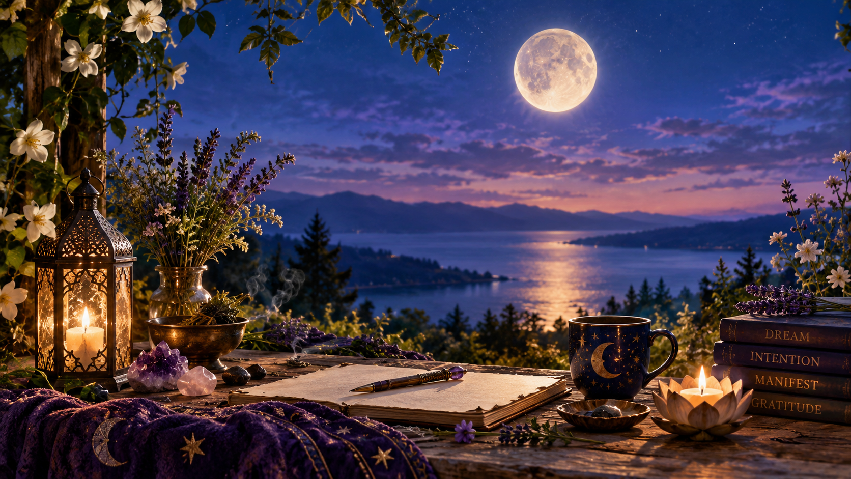 Full Moon wishes and release journal with candles and crystals overlooking a glowing moonlit bay