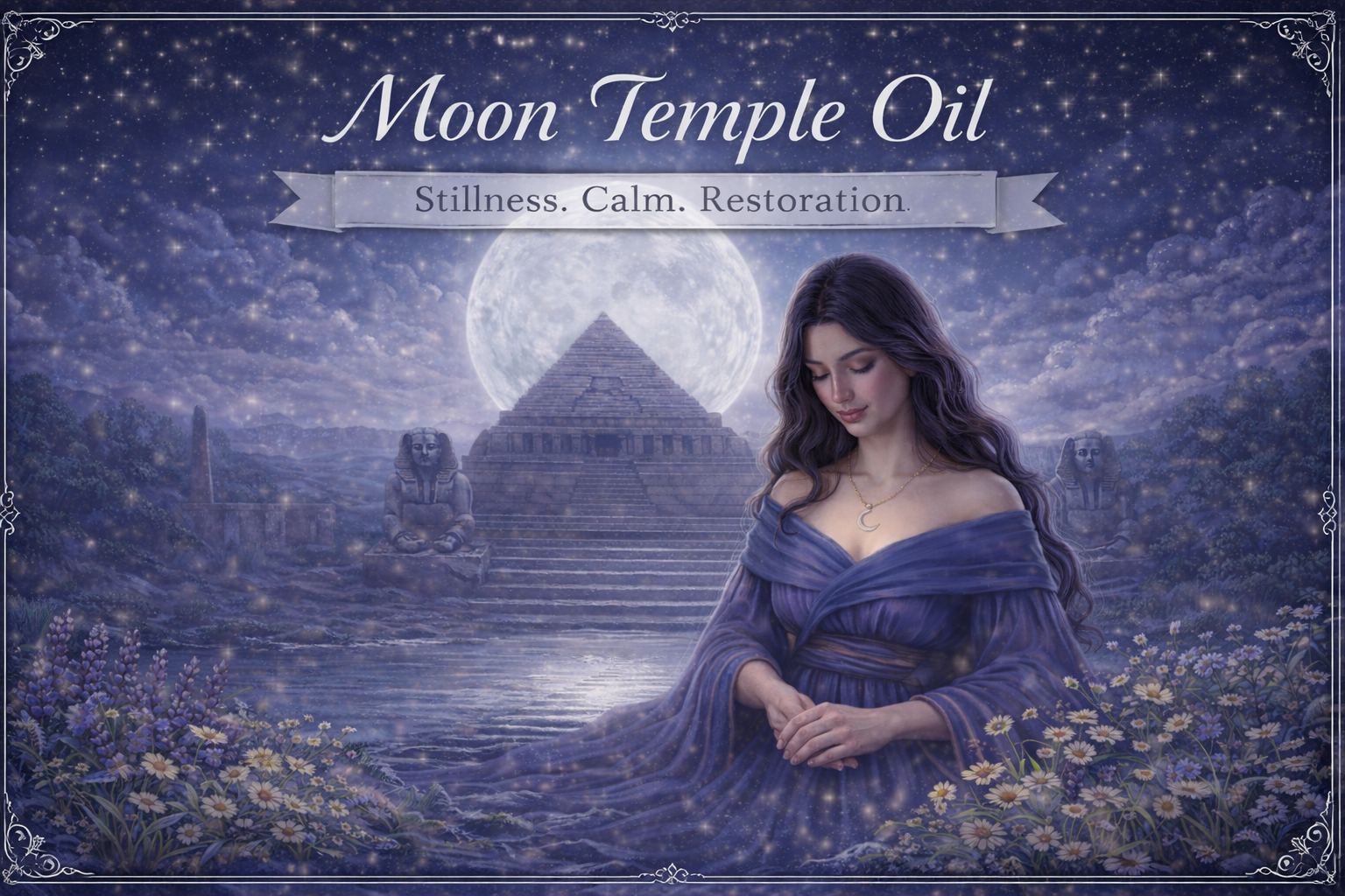 Woman in a flowing gown standing serenely among daisies beneath a full moon, with a pyramid, sphinx, obelisk, clouds, and stars in the night sky.