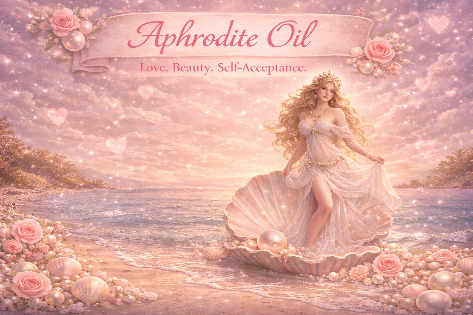 Woman standing in a large seashell at the water’s edge, surrounded by pearls and pink roses beneath a pink-purple sunset sky with translucent hearts and stars.