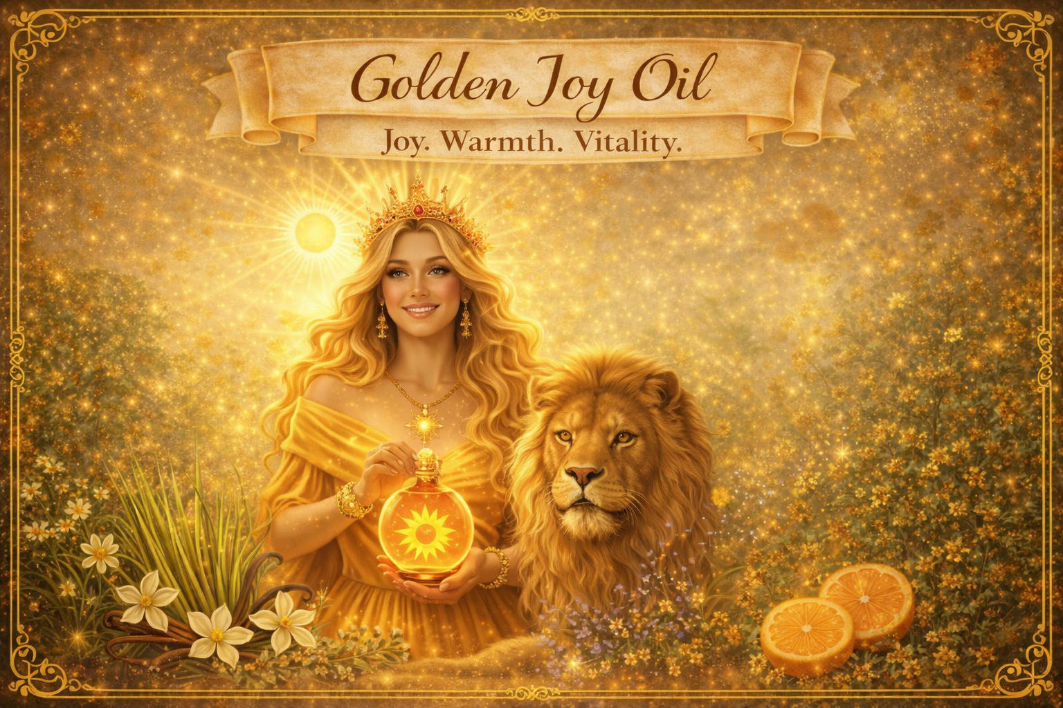 Woman wearing a gold crown beside a golden ritual oil jar and a lion, surrounded by white flowers and a sliced orange with bright sunlight and sparkling rays behind her.