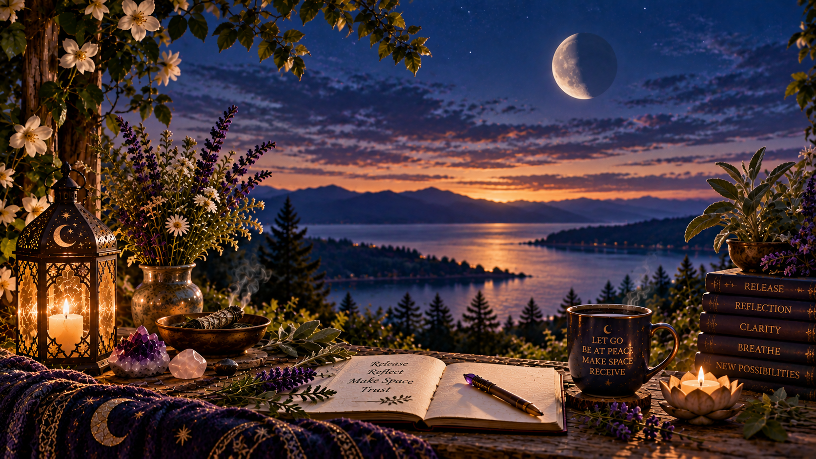 Waning Moon release and reflection journal with candlelight overlooking a peaceful bay at twilight