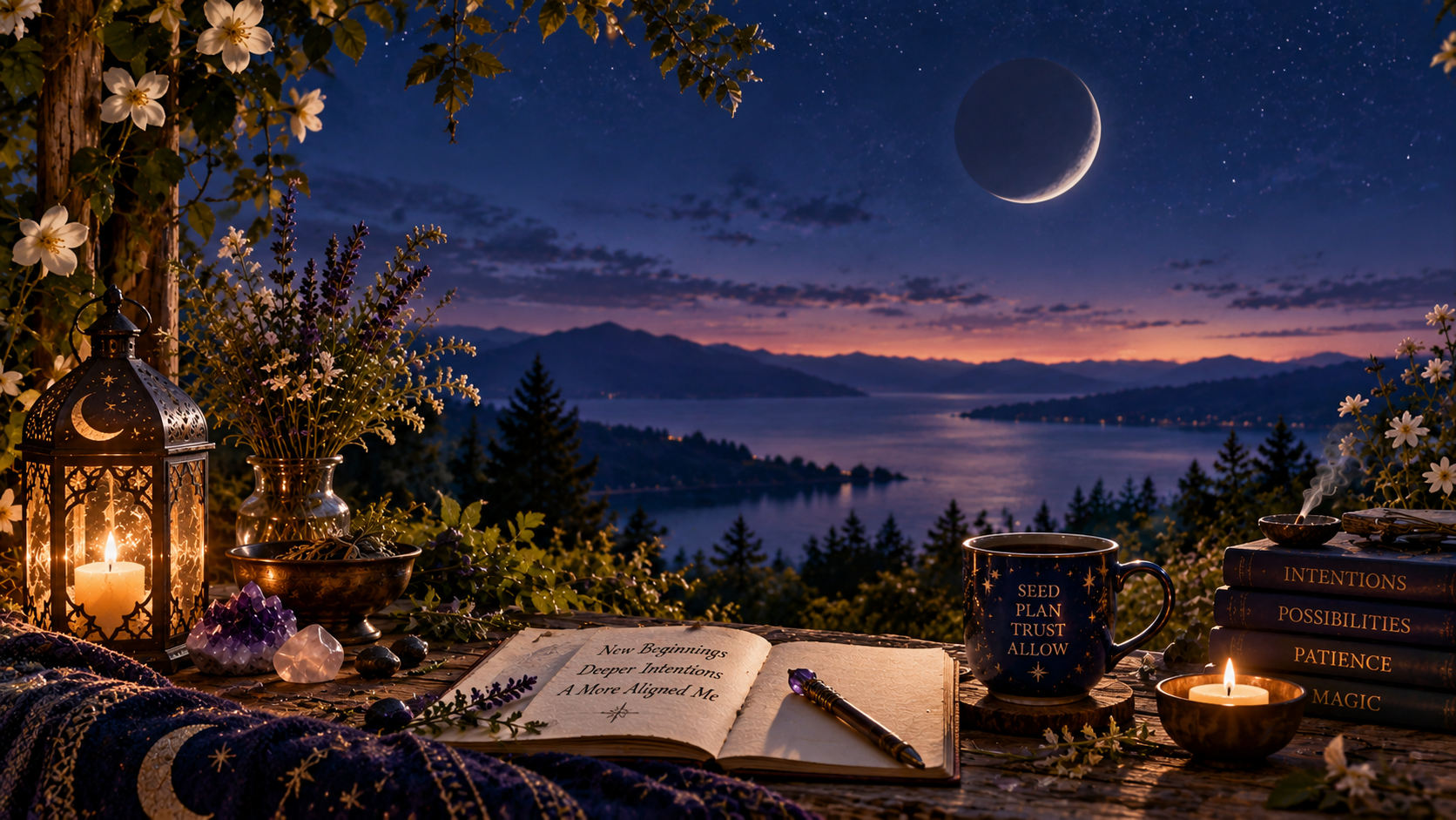New Moon wishes and intentions journal with candlelight overlooking a peaceful moonlit bay