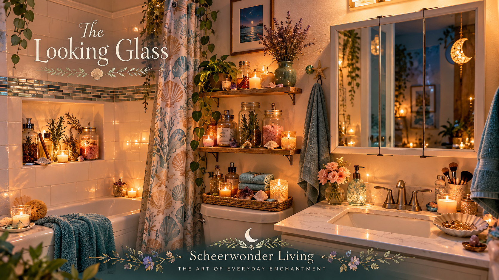 The Looking Glass at Scheerwonder Living, a candlelit bathroom with botanical beauty preparations, apothecary jars, sea-inspired details, plants, crystals, and a glowing three-panel mirror.