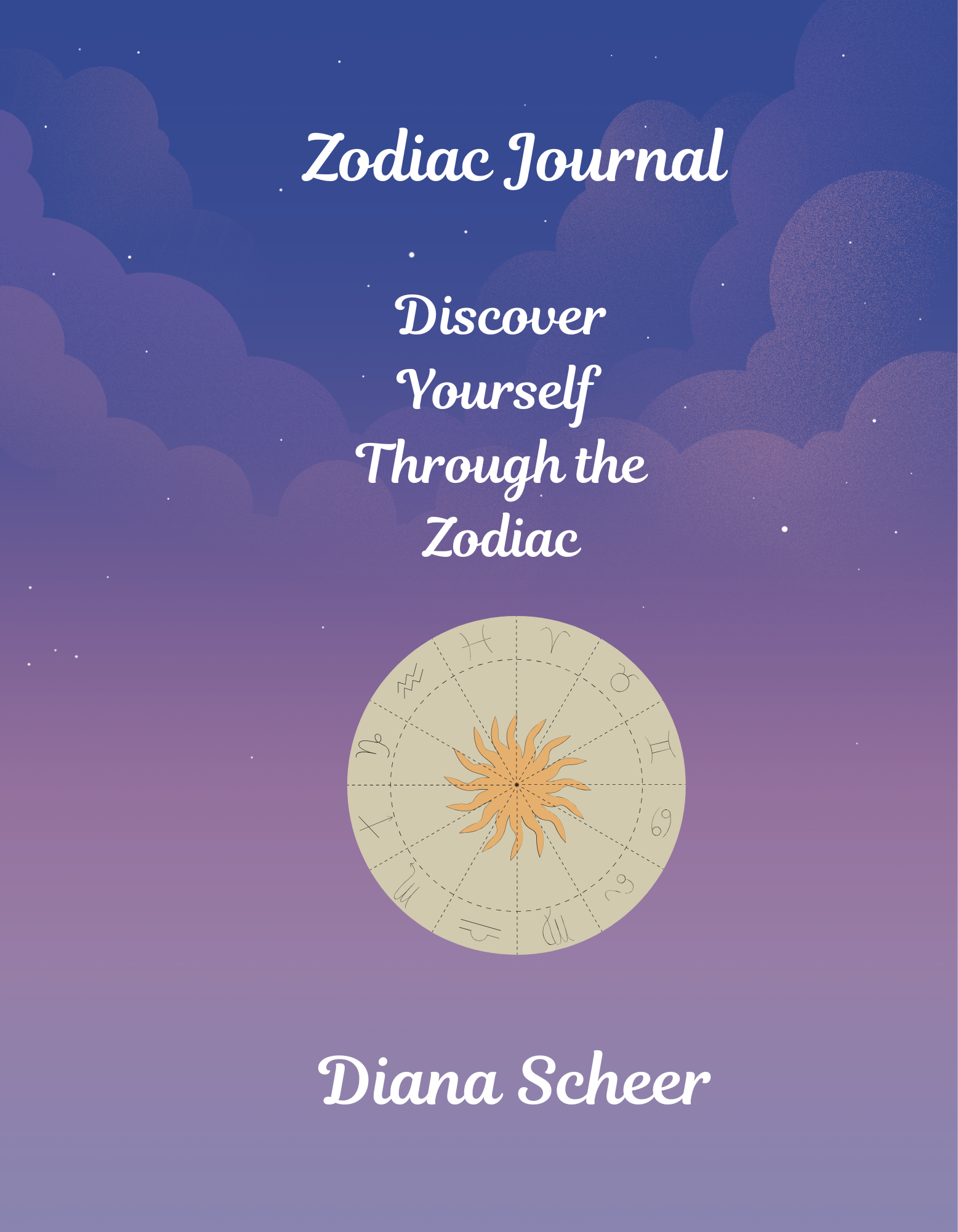 Zodiac Reflection Journal featuring a colorful zodiac wheel and sun symbol on a purple cover