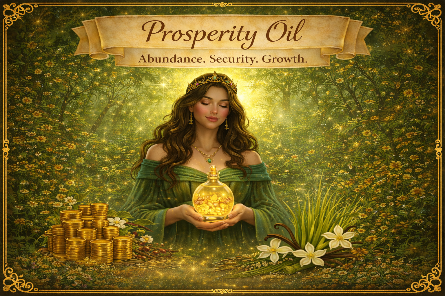 Woman in a green gown and crown holding a glass ritual oil jar with gold flakes, surrounded by white flowers, daisies, gold coins, greenery, and a green pendant necklace.