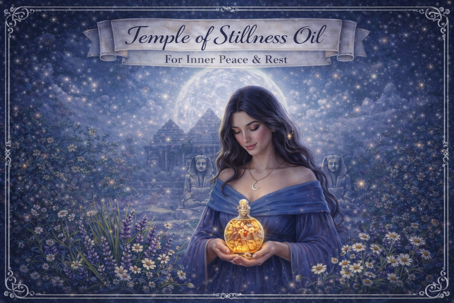 A woman in a blue dress holding a glowing bottle with floral patterns, standing outdoors surrounded by daisy flowers and purple flowers, with a starry night sky, a full moon, ancient temple ruins, and stone statues in the background, the scene has a mystical, peaceful ambiance.