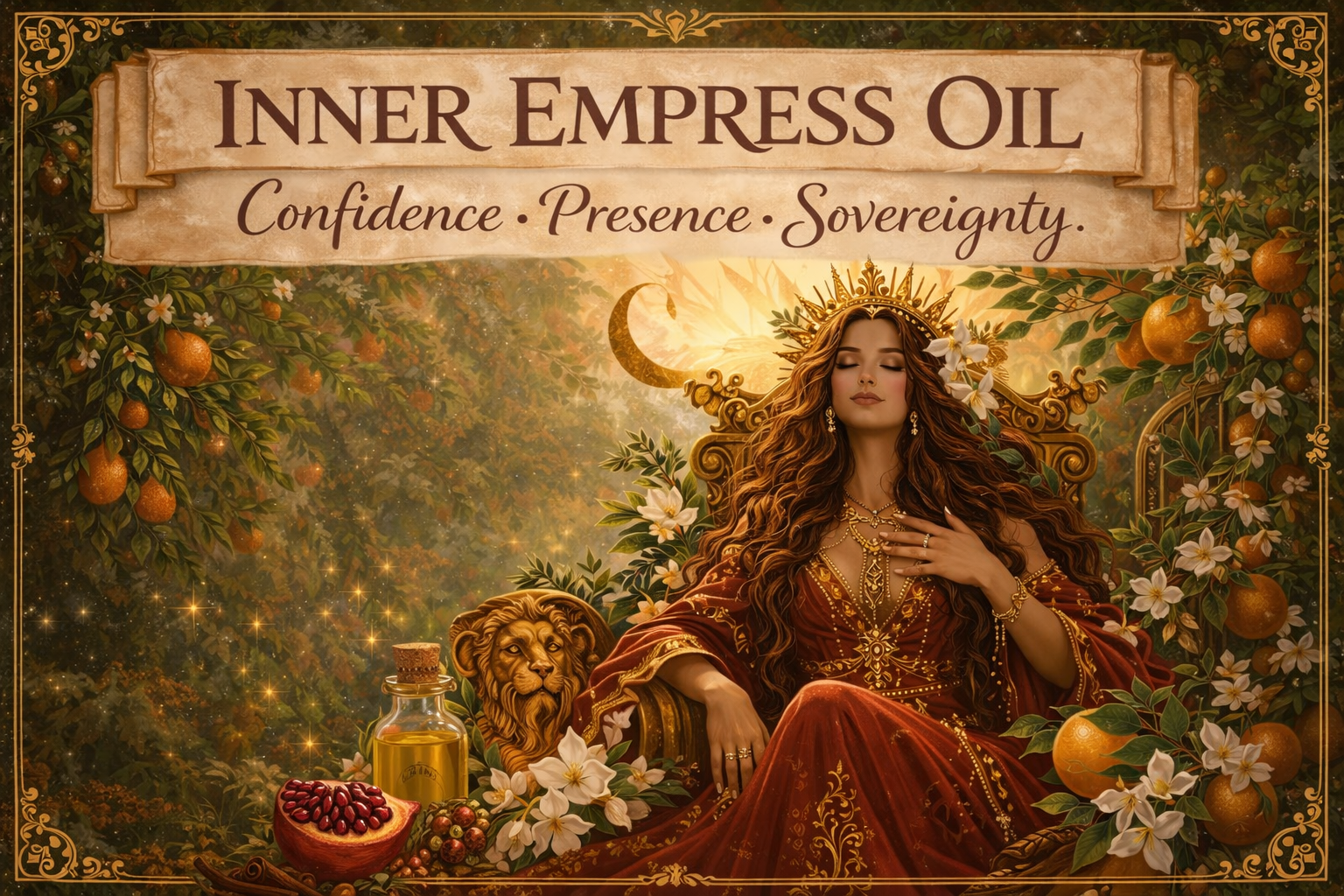 Woman wearing a crown seated on a throne with her hand over her heart, surrounded by oranges, orange blossoms, pomegranate, ritual oil, and a stone lion.