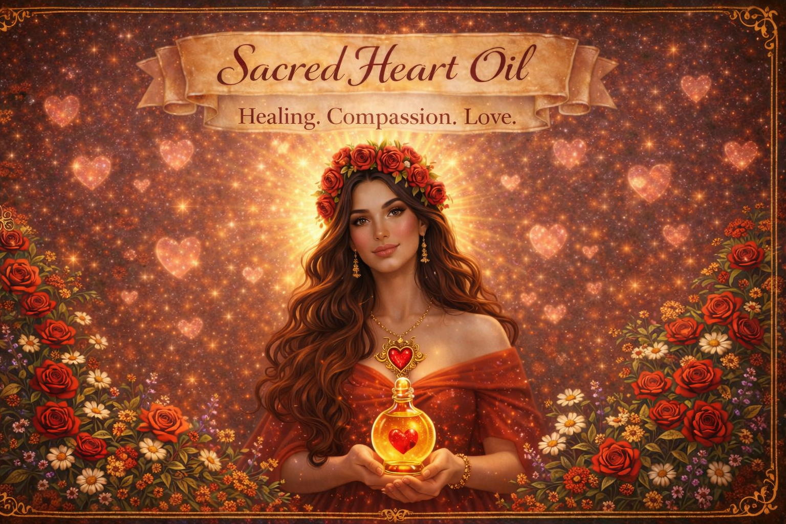 Woman holding a ritual oil bottle with a red heart inside, wearing a crown of red roses and surrounded by roses and daisies beneath radiant sunlight and translucent hearts.