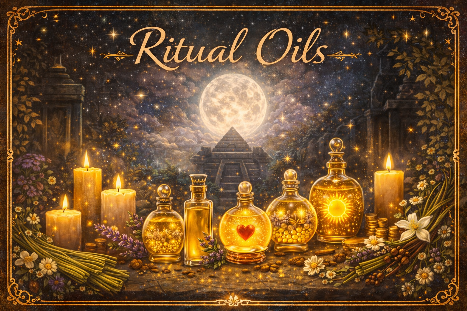Five ritual oil bottles arranged on a wooden plank with four pillar candles, white flowers, daisies, a full moon, and a pyramid in the background.