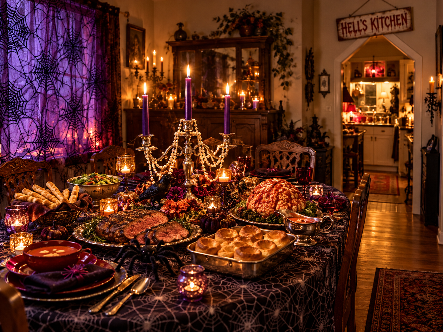 Gothic Halloween feast on a candlelit table with a pearl-draped silver candelabra, purple spiderweb curtains, roast beef, Yorkshire pudding, bloody brains cauliflower, and a Hell’s Kitchen sign above the kitchen doorway.