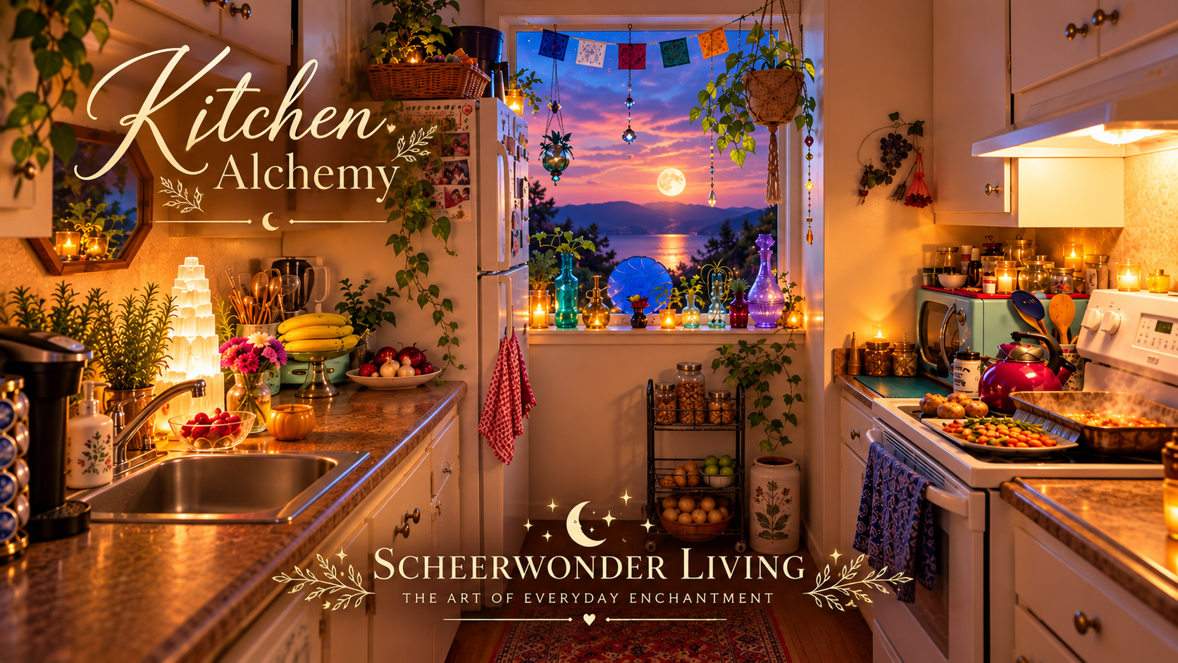 Cozy enchanted galley kitchen with herbs, plants, warm lighting and moonlit details for Scheerwonder Living Kitchen Alchemy.