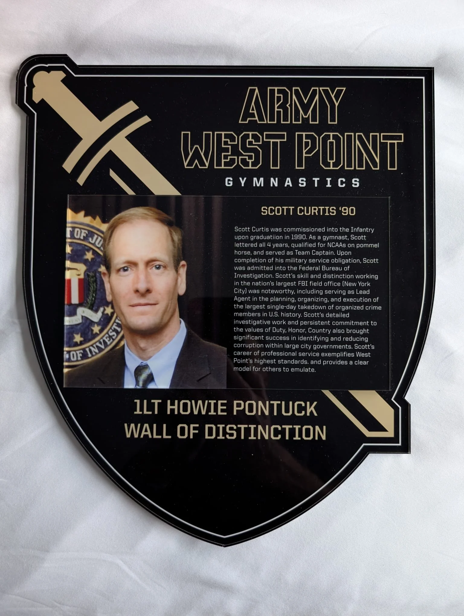 Plaque awarded to Scott Curtis at West Point on the occasion of his name being included on the Howie Pontuck Wall of Distinction at the USMA  at West Point, NY.