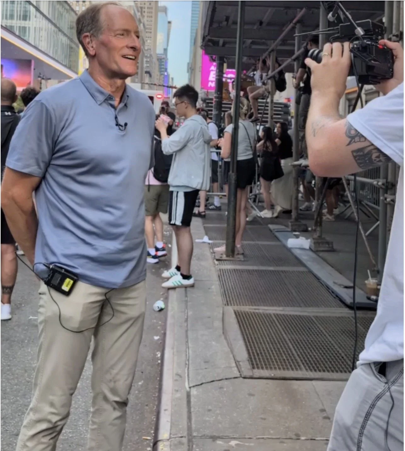 Scott Curtis covering Taylor Swift’s wedding day outside Madison Square Garden as a special correspondent for Today Australia.