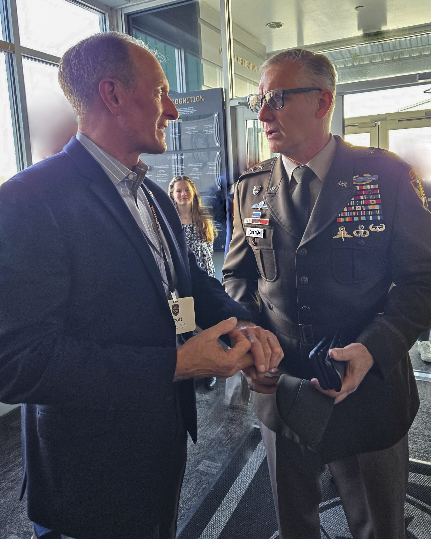 Former FBI agent Scott Curtis (left) with West Point Superintendent (and three-star general) Steve Gilland at the ceremony where Curtis's name was added to the 1LT Howie Pintuck Wall of Distinction at the USMA at West Point, NY.
