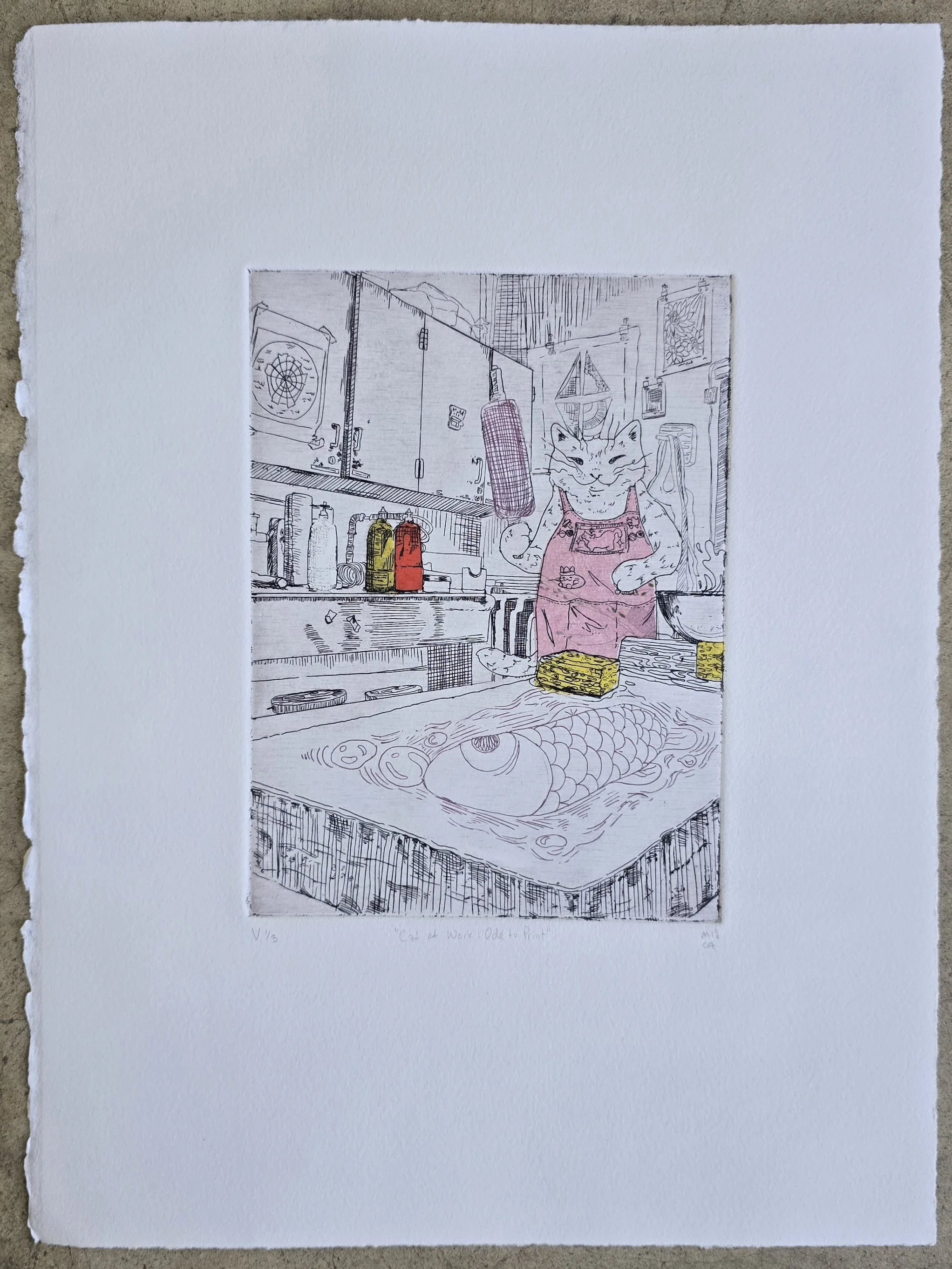 "Cat at Work: Ode to Print" 2026, 11" x 15", variation, zinc intaglio with chine cole
