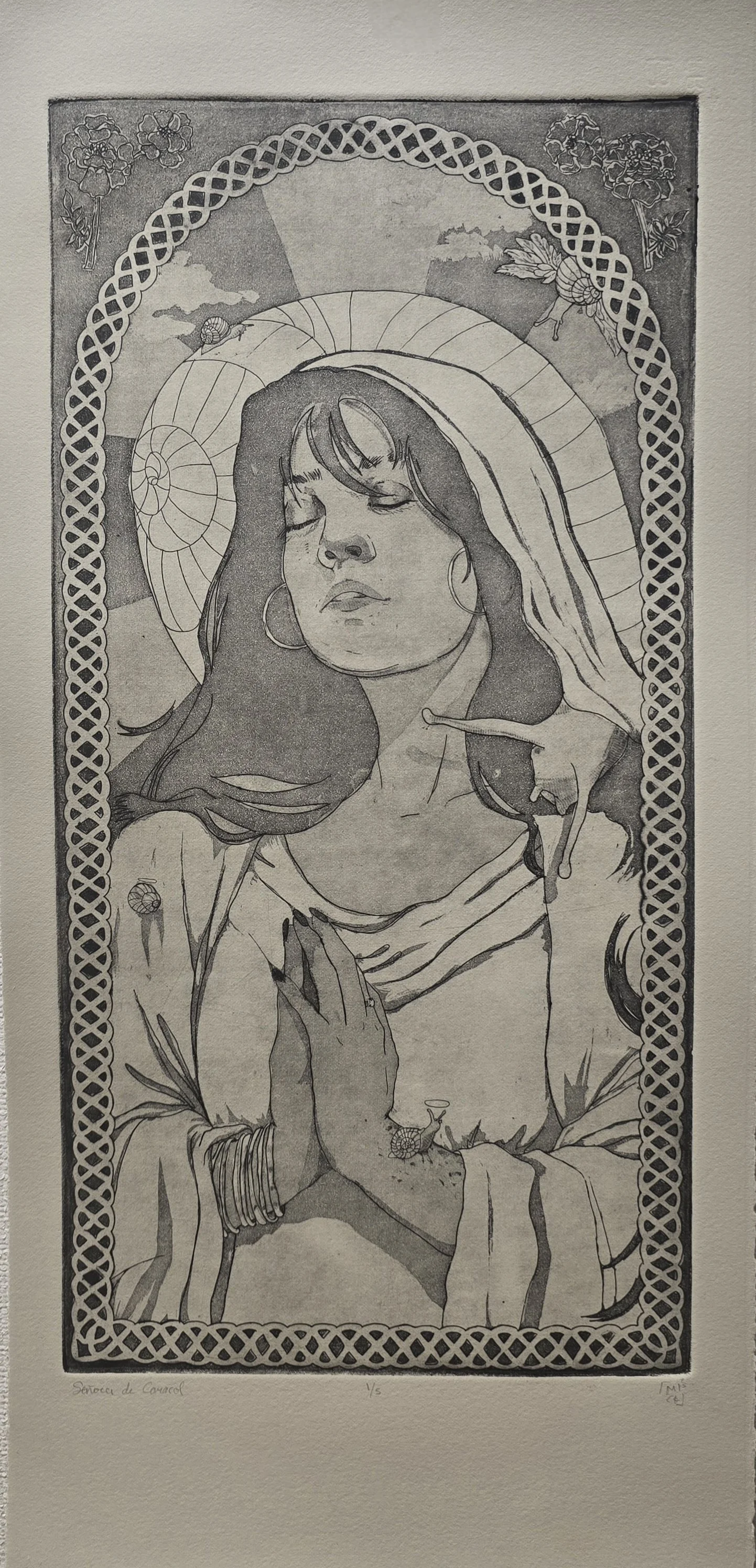 "Señora de Caracol" 2025, 7" x 18", zinc intaglio