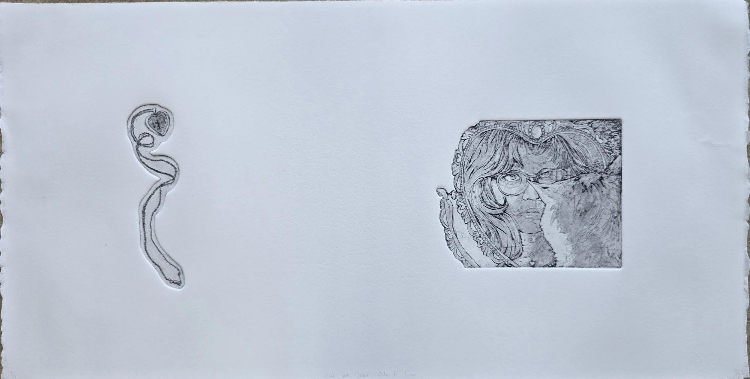 "Cat at Work: Ode to Love" 2026, 11" x 24", copper intaglio shape plate with aquatint