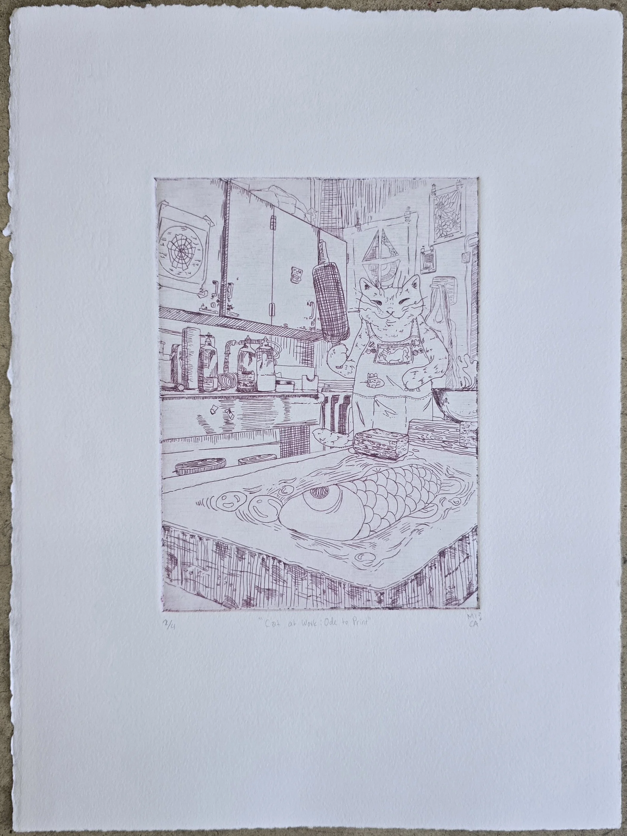 "Cat at Work: Ode to Print" 2026, 11" x 15", zinc intaglio